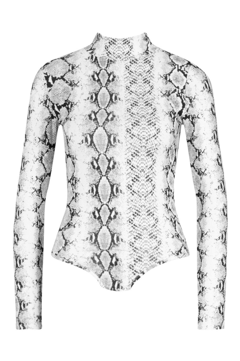 Grey Snake Print Roll Neck Long Sleeve Bodysuit