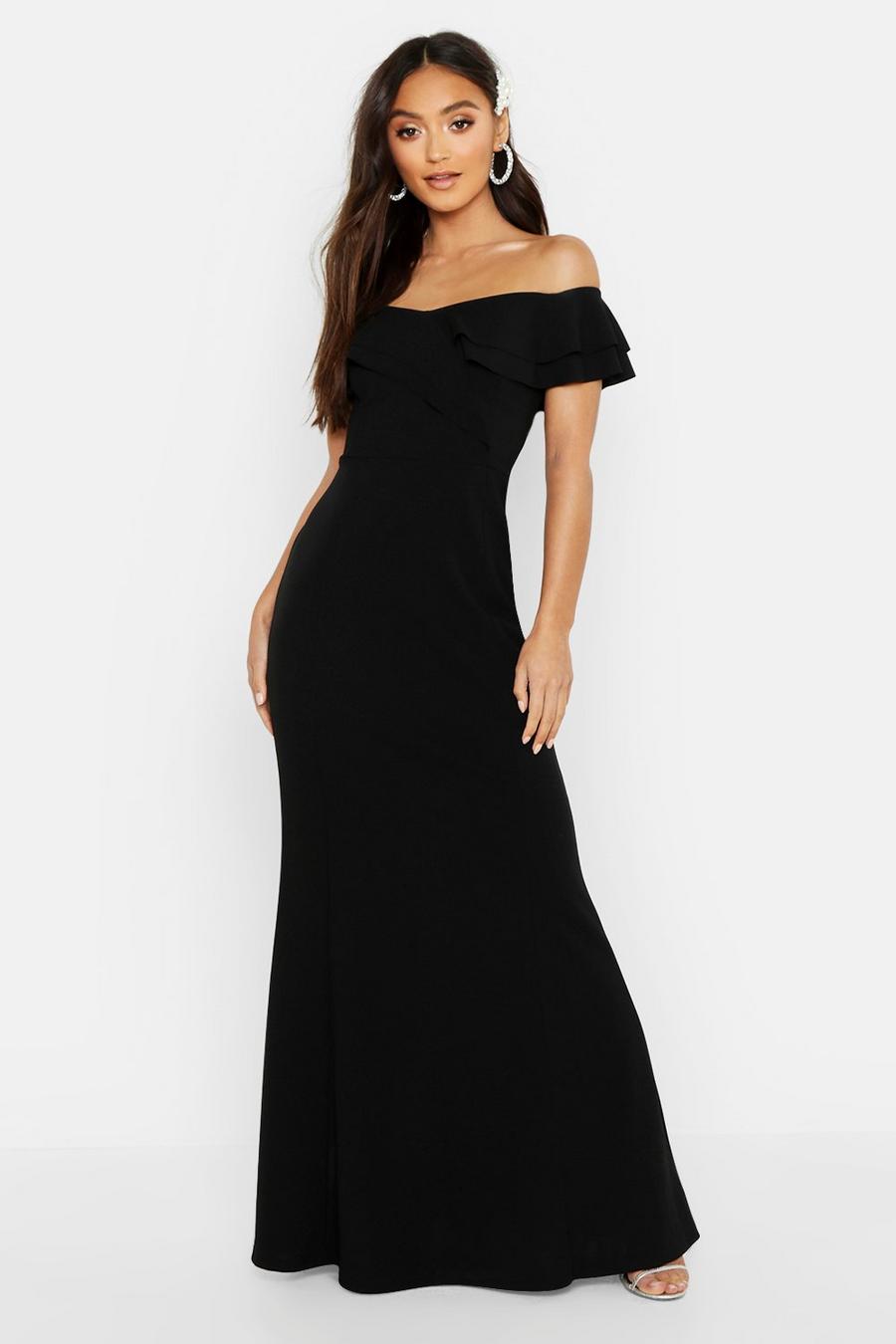 Black Petite Off The Shoulder Frill Fish Tail Maxi Dress image number 1