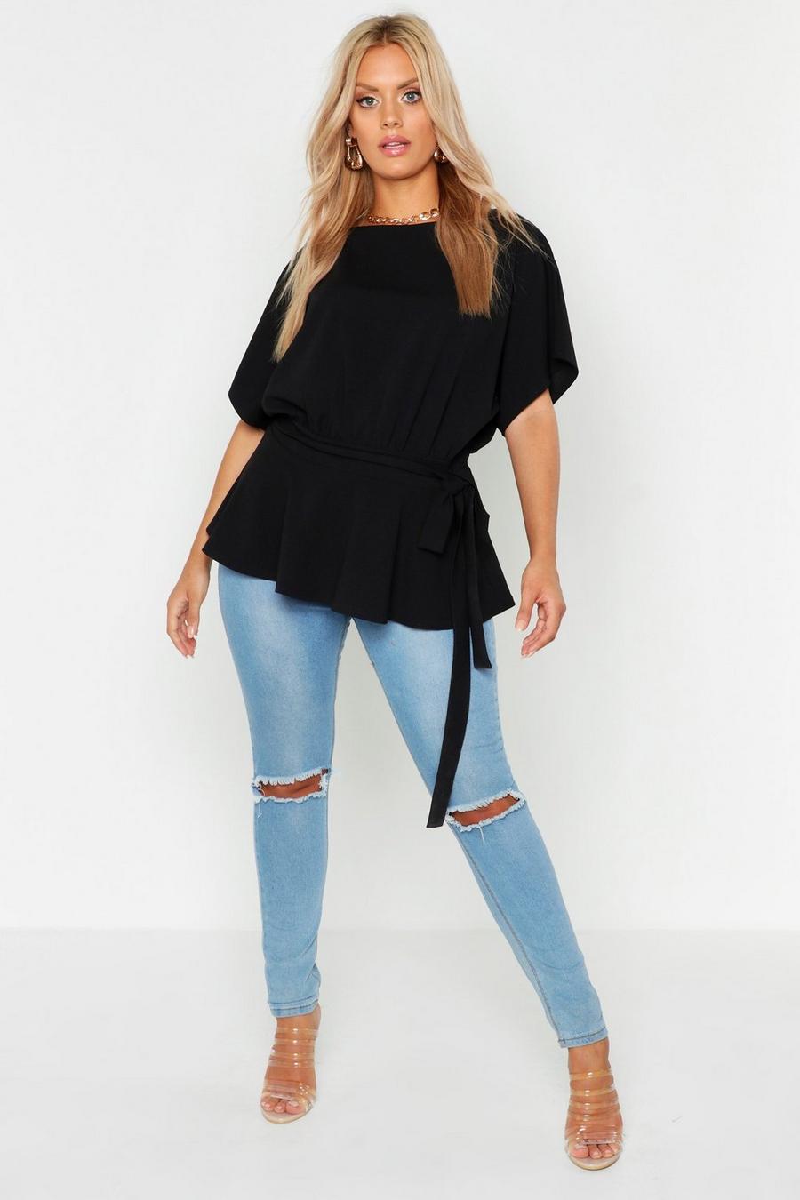 Zwart Plus Peplum Top Met Boothals En Ceintuur image number 1