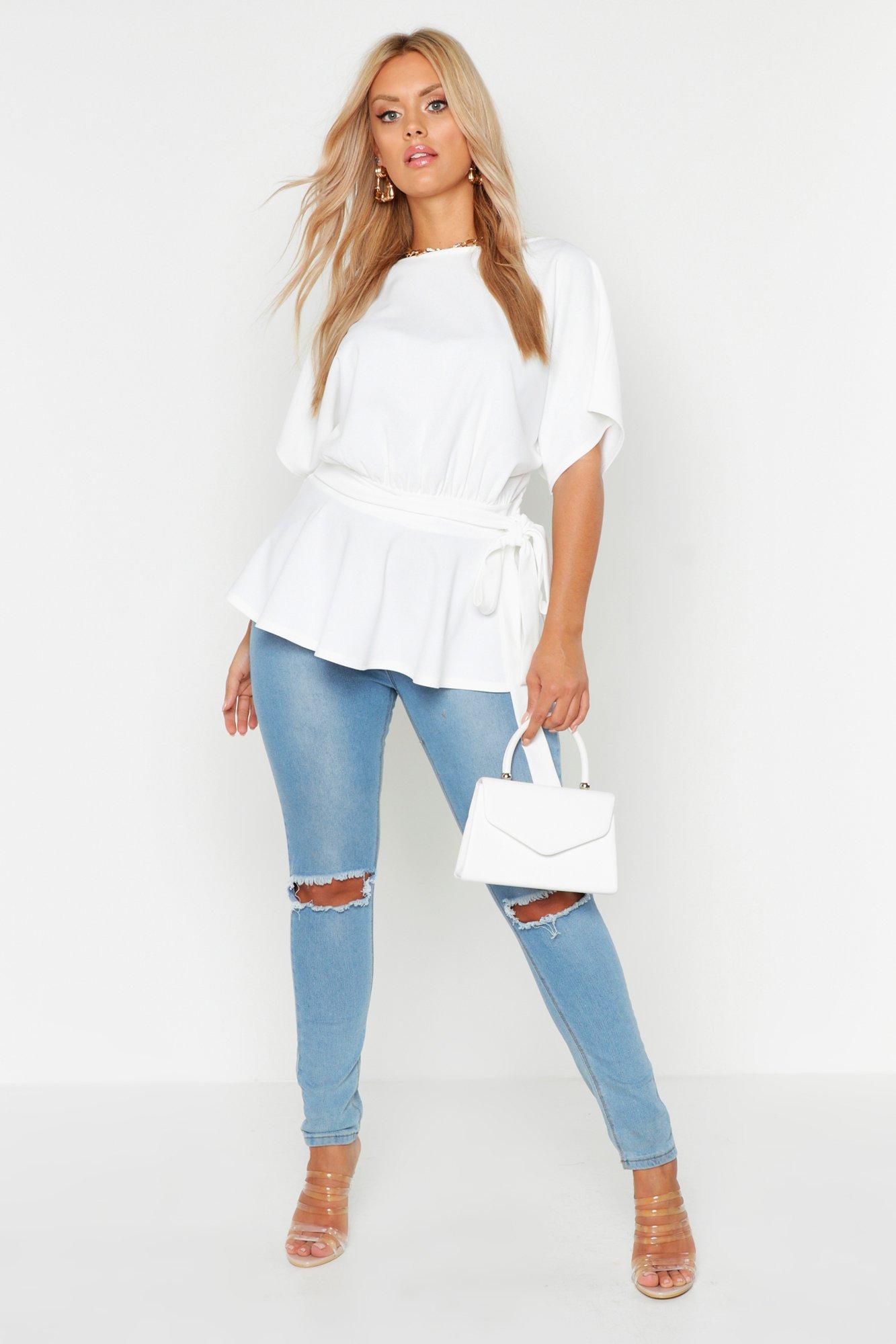 Plus Boat Neck Tie Waist Peplum Hem Top