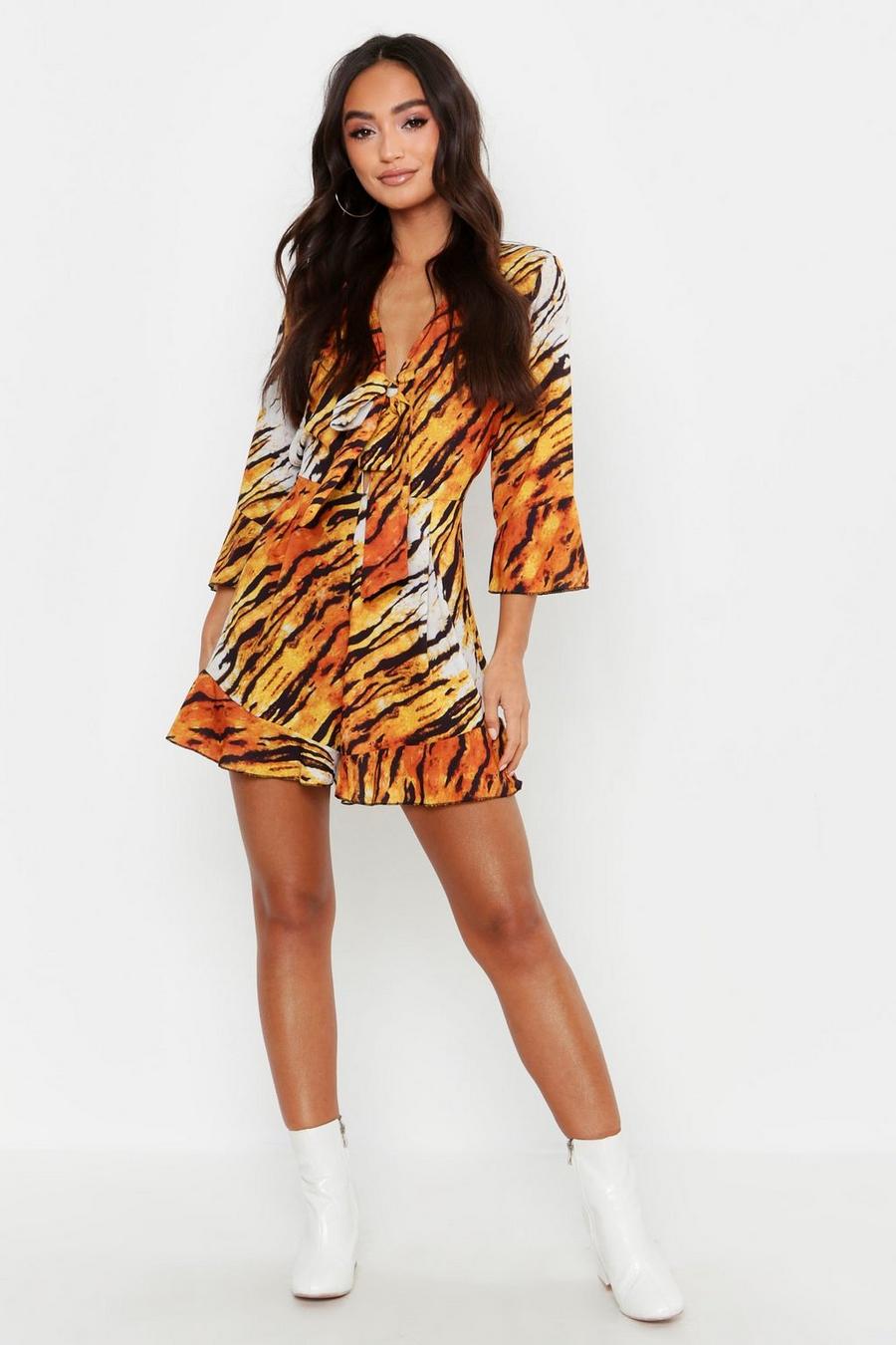 Petite Tiger Print Ruffle Tie Front Romper image number 1
