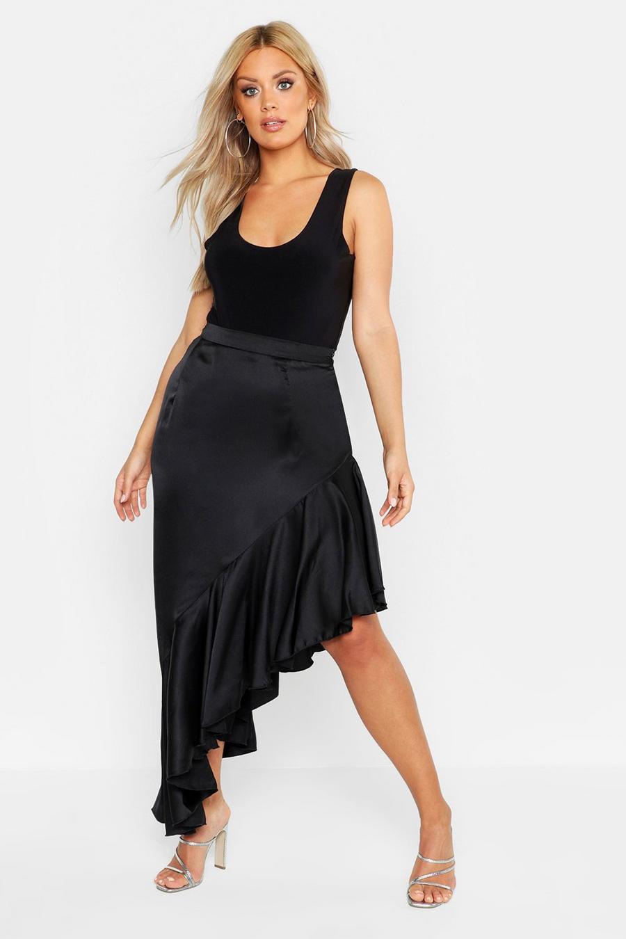Plus Satin Ruffle Asymmetric Midi Skirt, Black image number 1