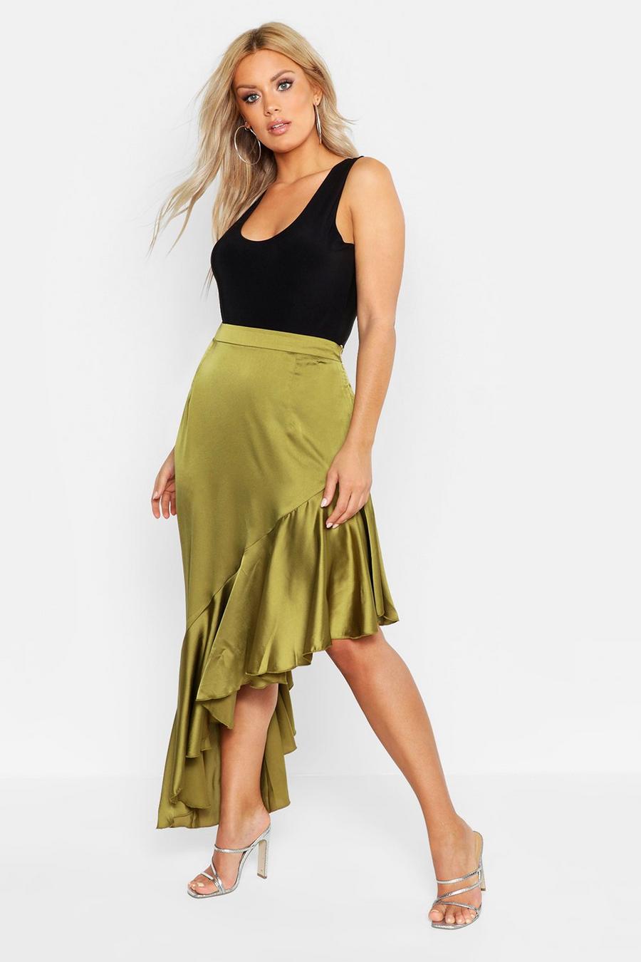 Khaki Plus Satin Ruffle Asymmetric Midi Skirt image number 1