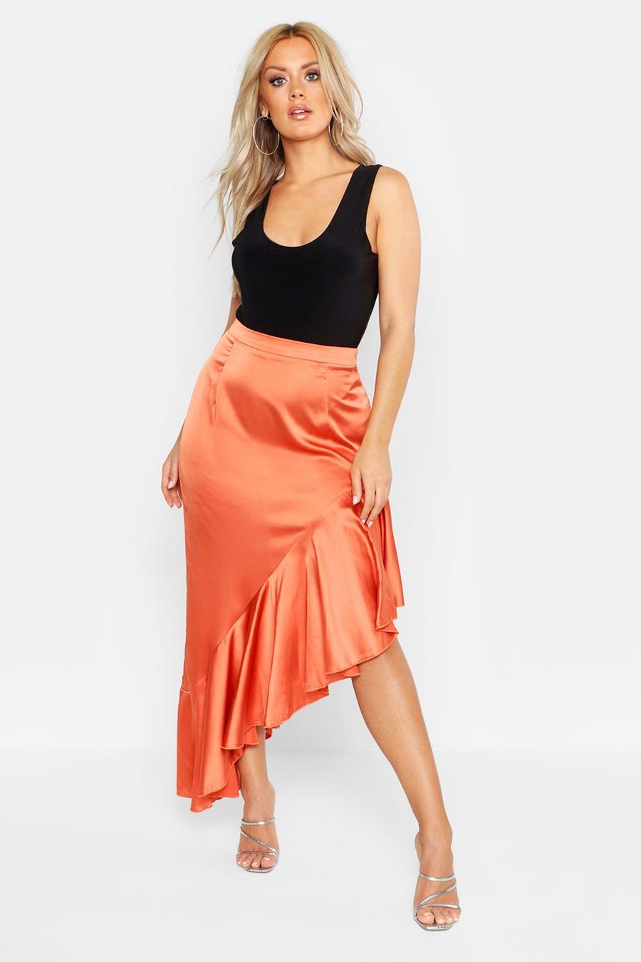 Tan Plus Satin Ruffle Asymmetric Midi Skirt image number 1