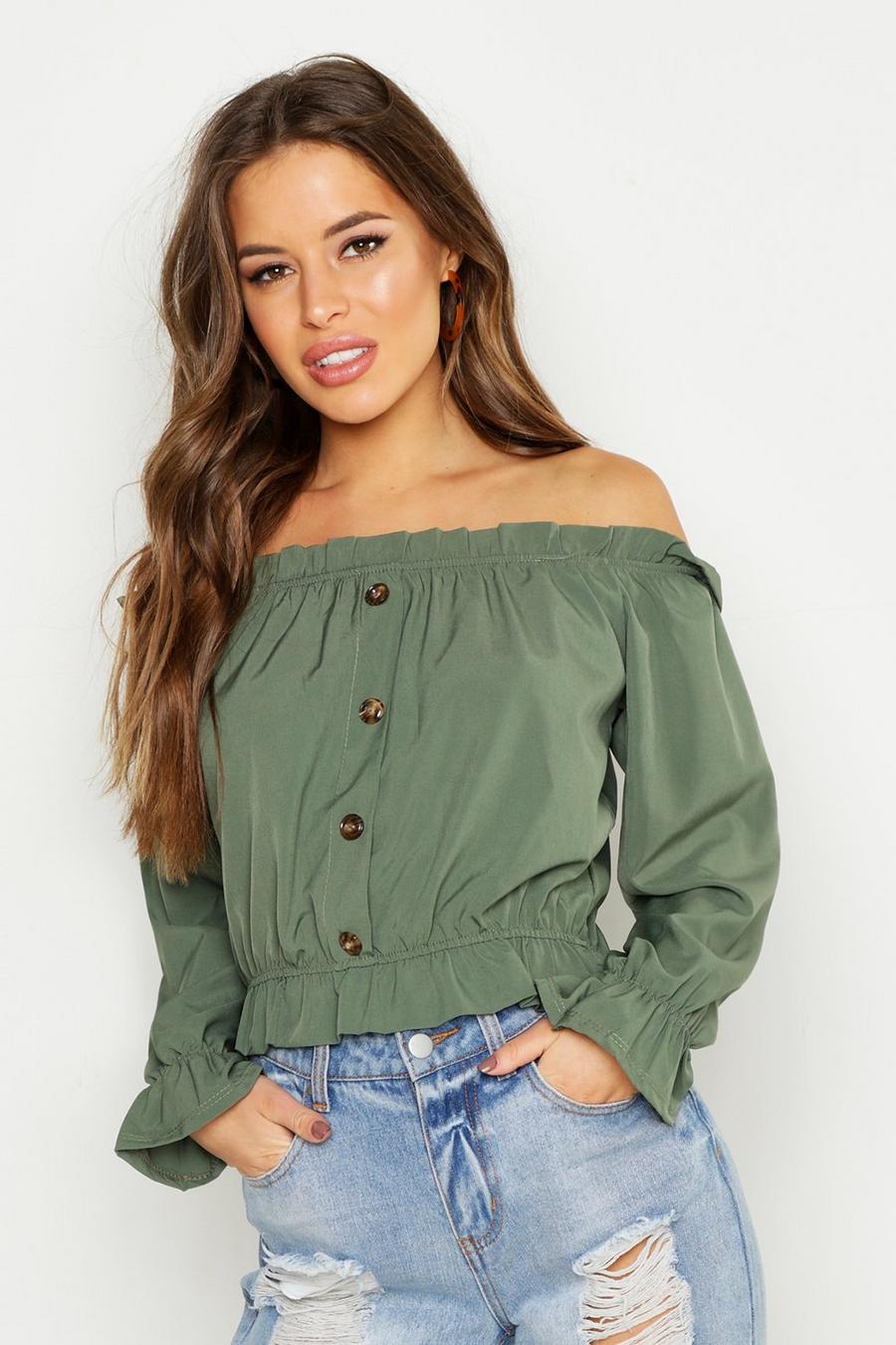 Petite Off The Shoulder Button Through Top image number 1