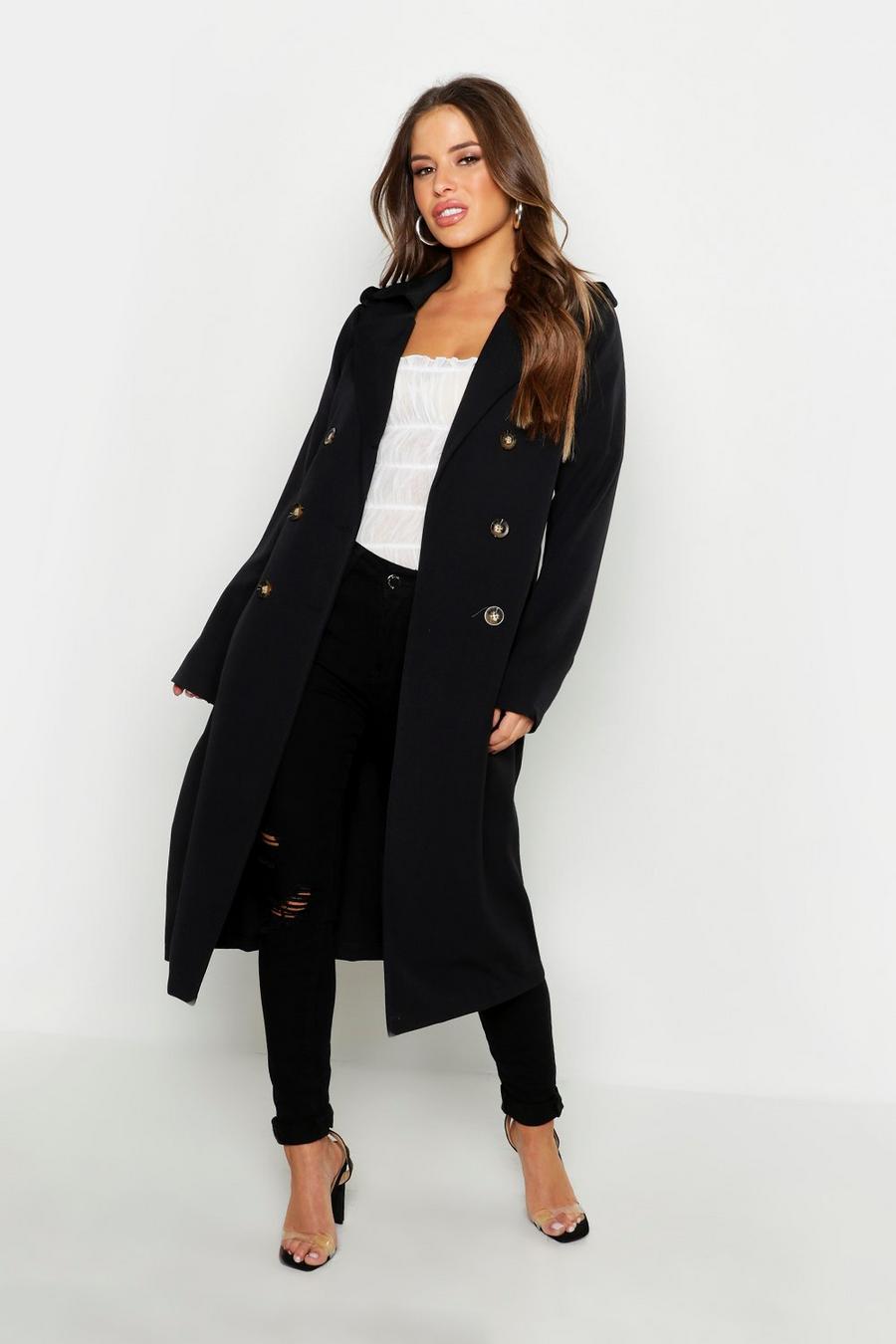 Black Petite Utility Button Detail Trench Coat image number 1