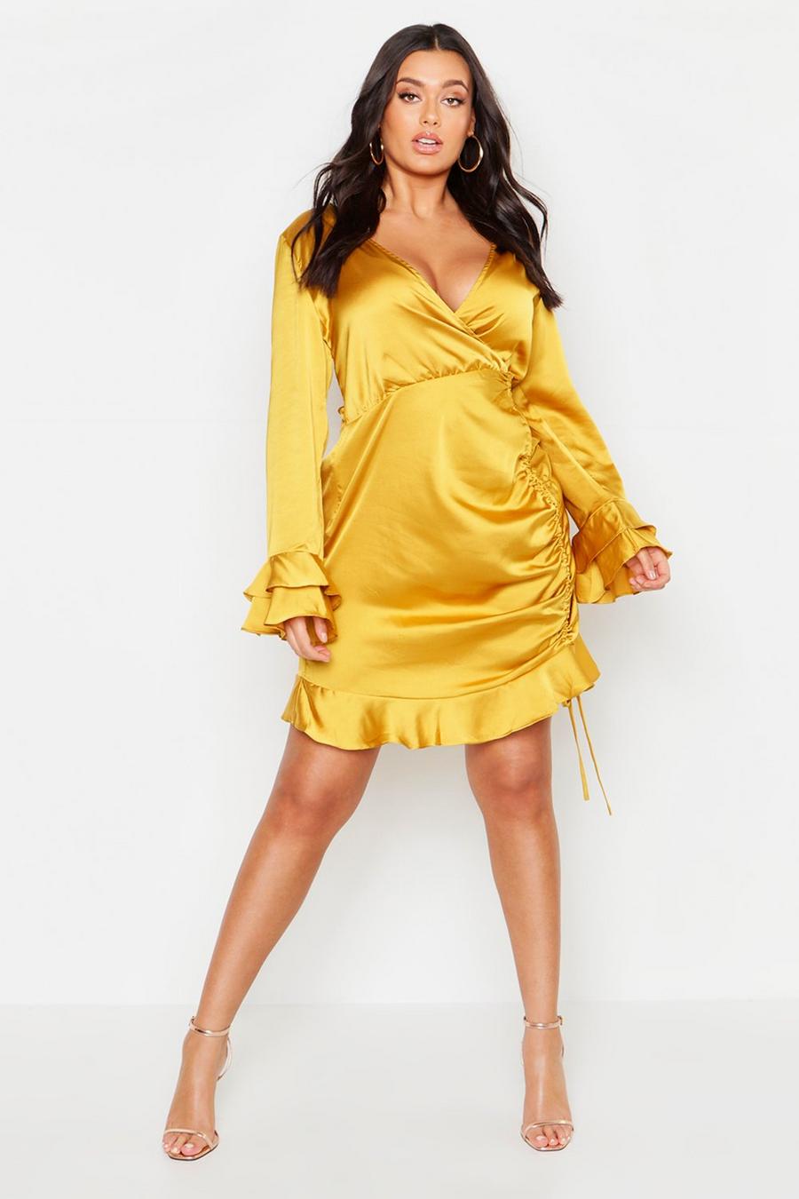 Mustard yellow Plus Satin Ruched Flare Sleeve Frill Dress image number 1