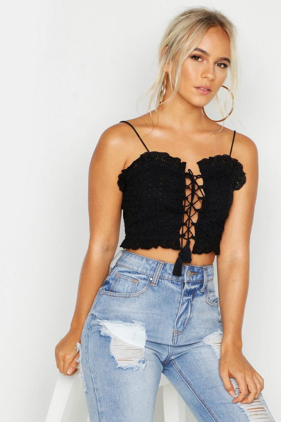 Black Petite Broderie Anglaise Sweet Heart Crop Top image number 1