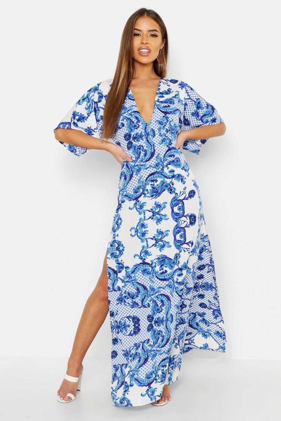 Blue Petite Plunge Kimono Sleeve Printed Maxi Dress
