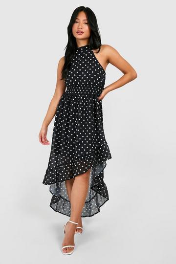 Petite Polka Dot High Neck Shirred Waist Maxi Dress black