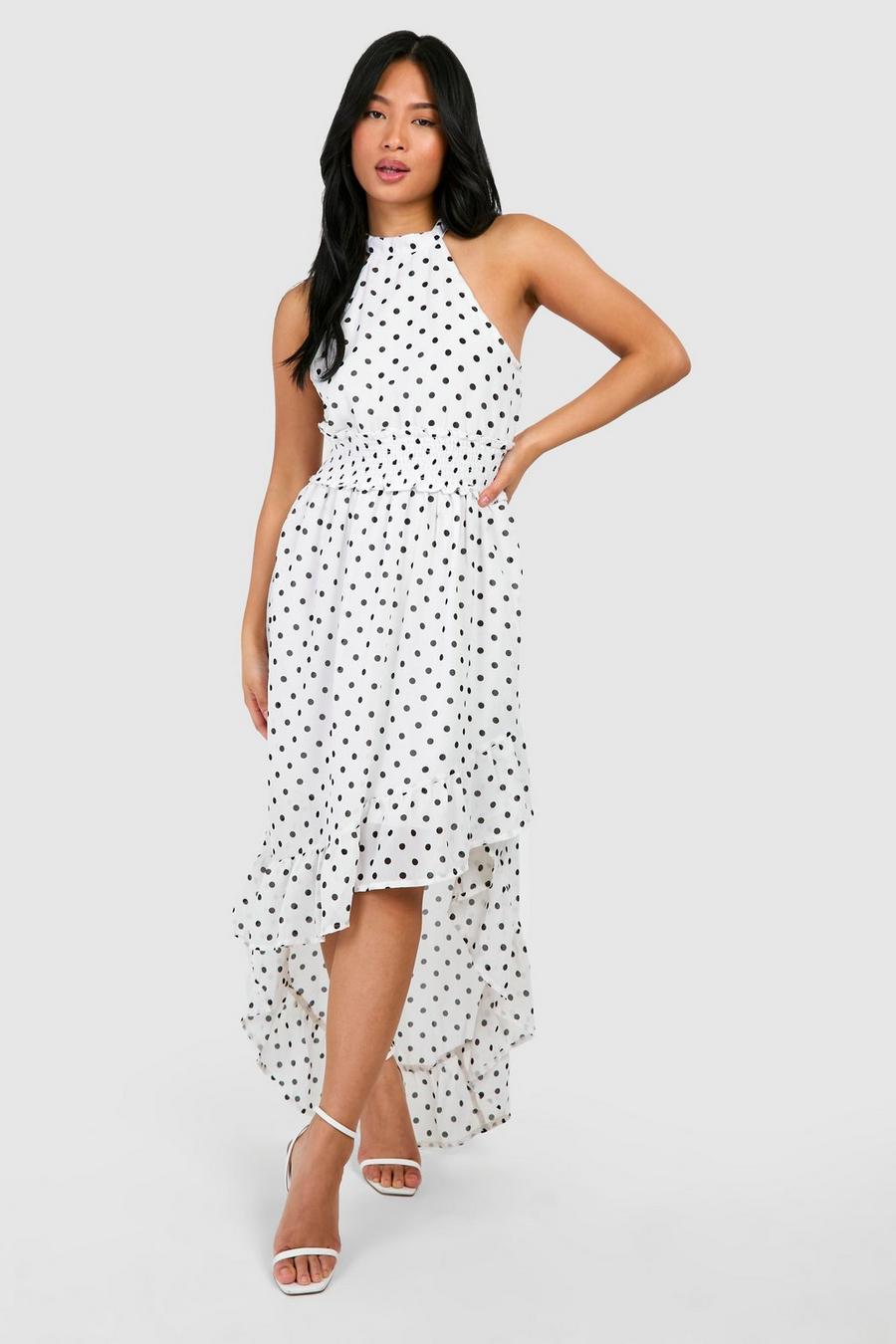 White Petite Polka Dot High Neck Shirred Waist Maxi Dress