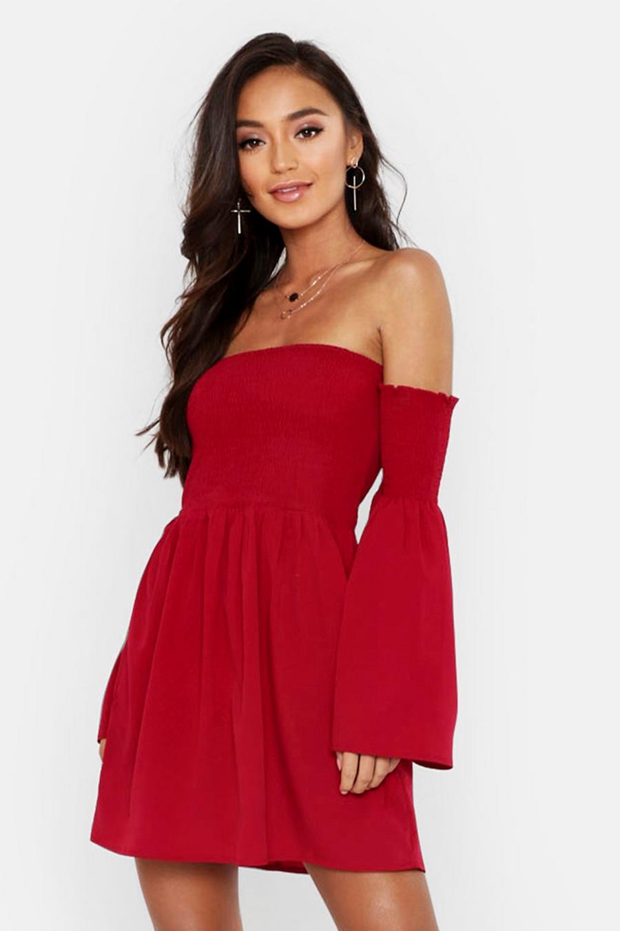 אדום שמלת סקייטר ברדו עם כיווצים ושרוולים מתרחבים, פטיט image number 1