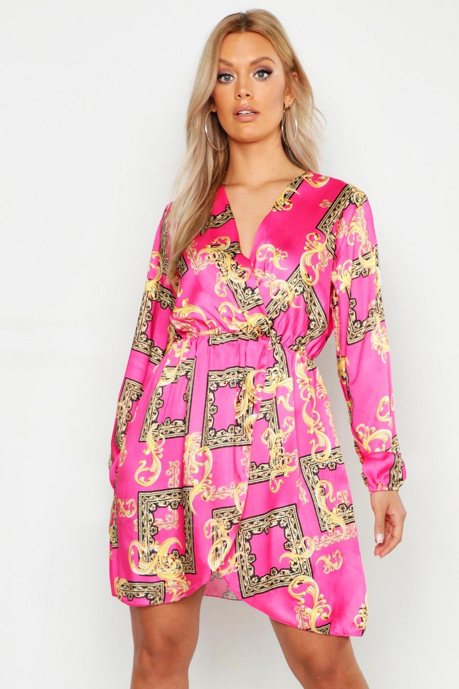 Pink Plus Satin Chain Print Wrap Midi Dress image number 1