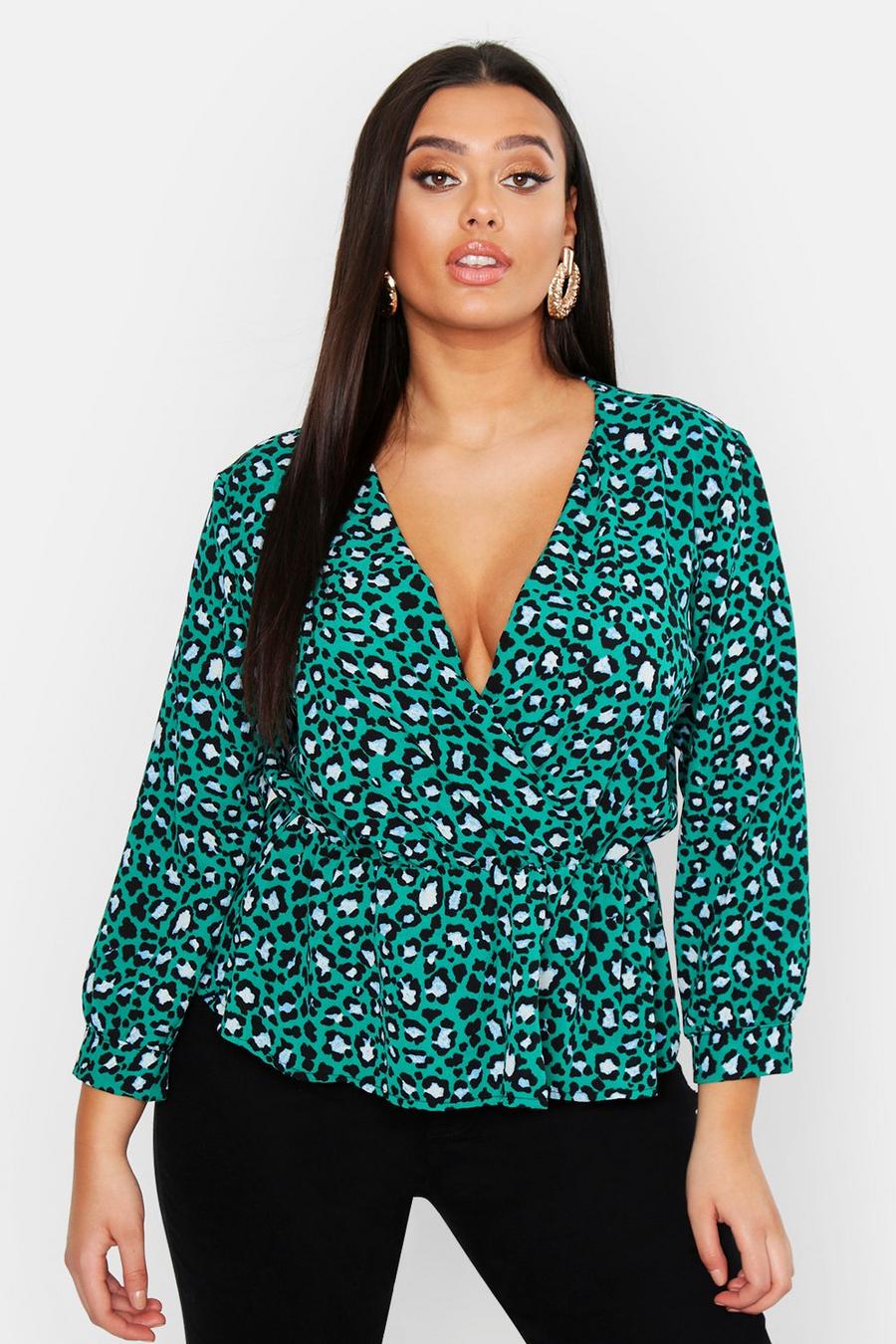 Plus Turquoise Leopard Wrap Smock Top image number 1