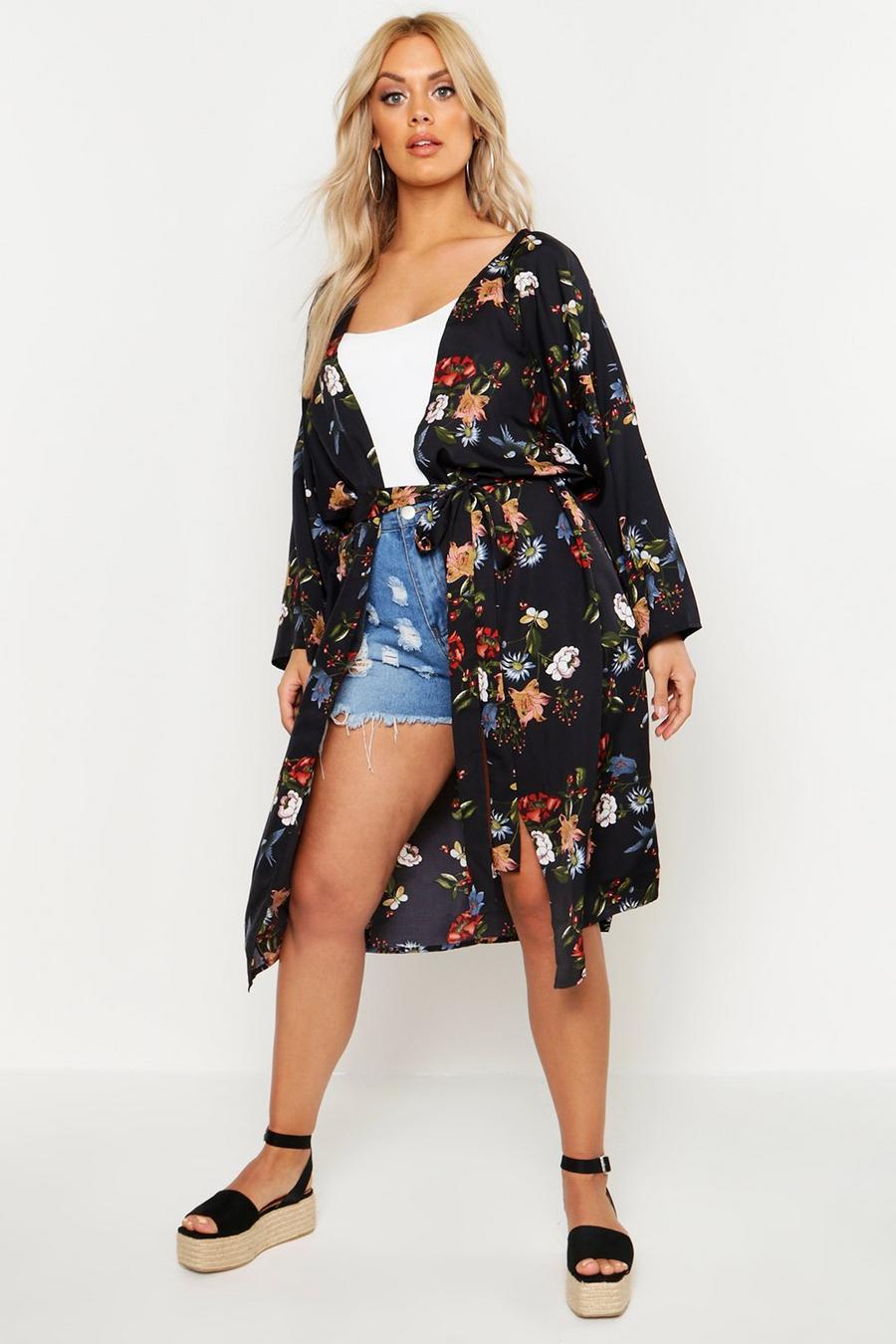 Black Plus Floral Tie Waist Kimono image number 1