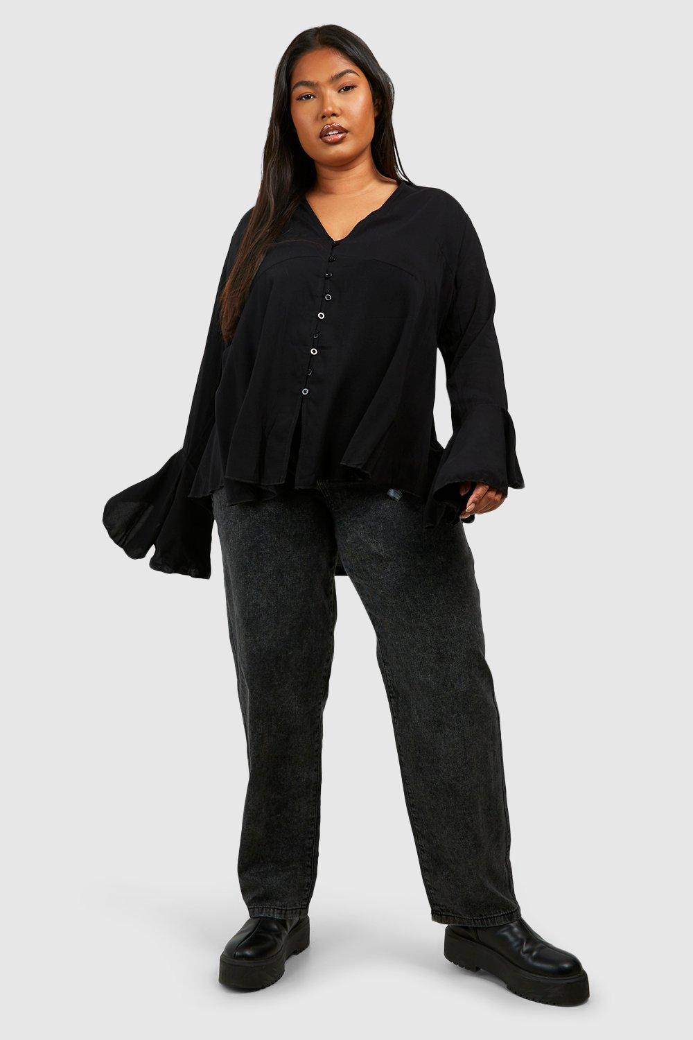 Women's Plus Size Black Pleated Sleeve Blouse (1XL)