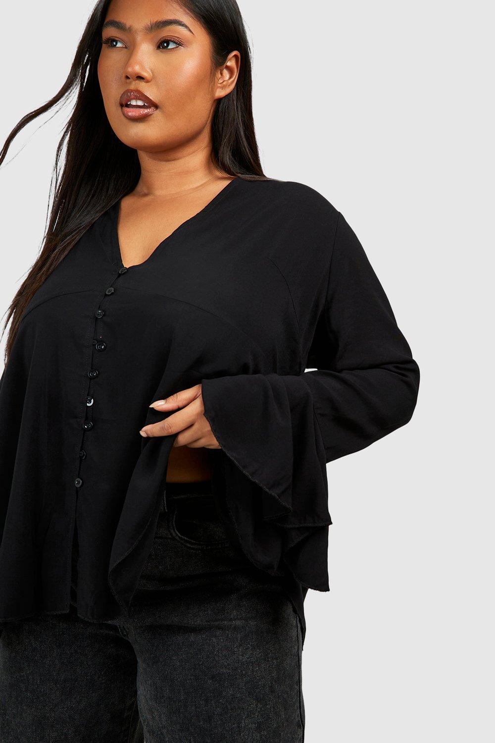 Plus Button Detail Plunge Flare Sleeve Blouse