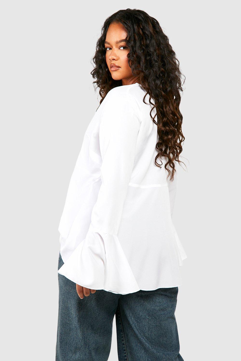 Plus Button Detail Plunge Flare Sleeve Blouse | boohoo