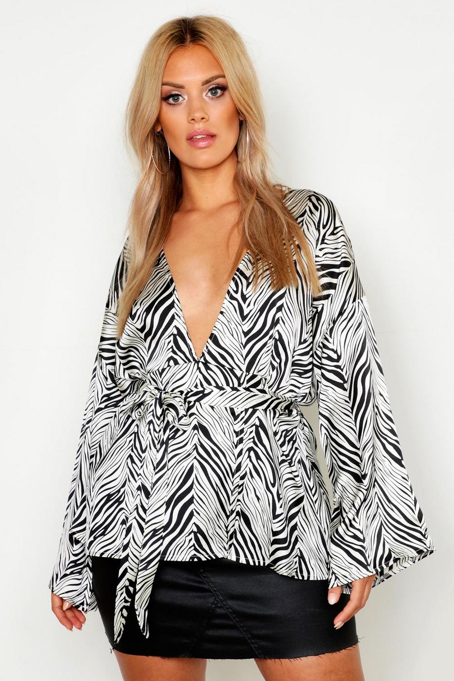 Plus Zebra Print Plunge Kimono Sleeve Top image number 1