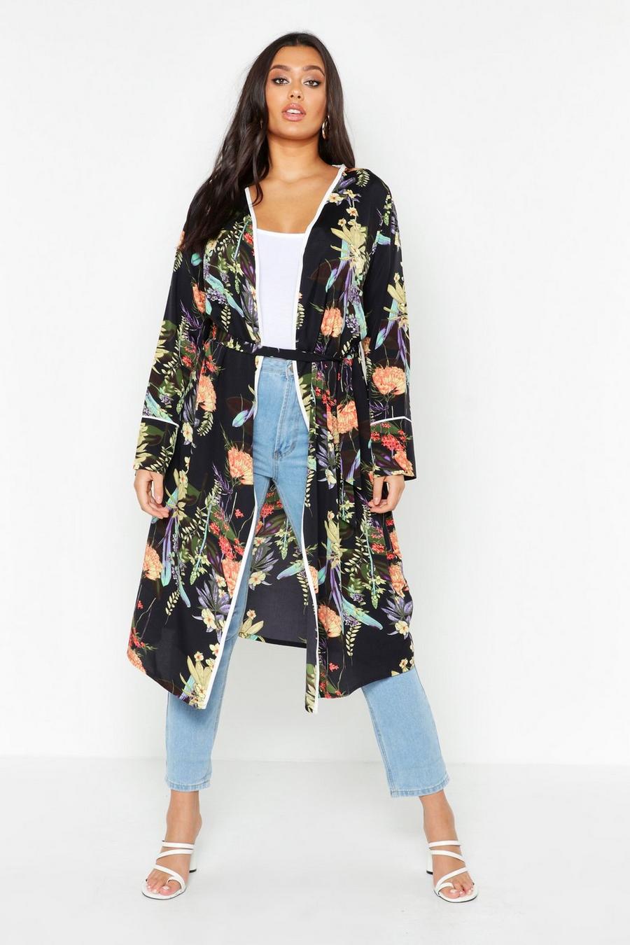 Plus Dark Tropical Floral Belted Kimono image number 1