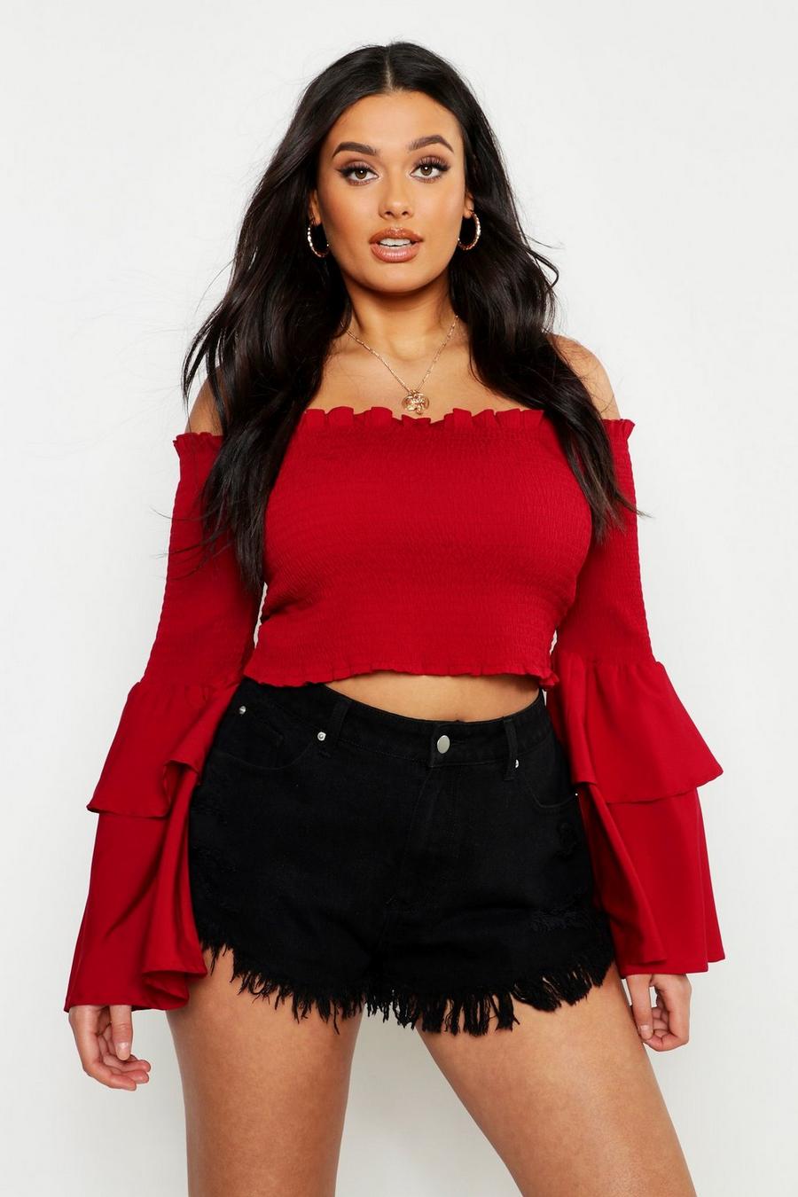 Plus Shirred Frill Sleeve Off The Shoulder Top image number 1