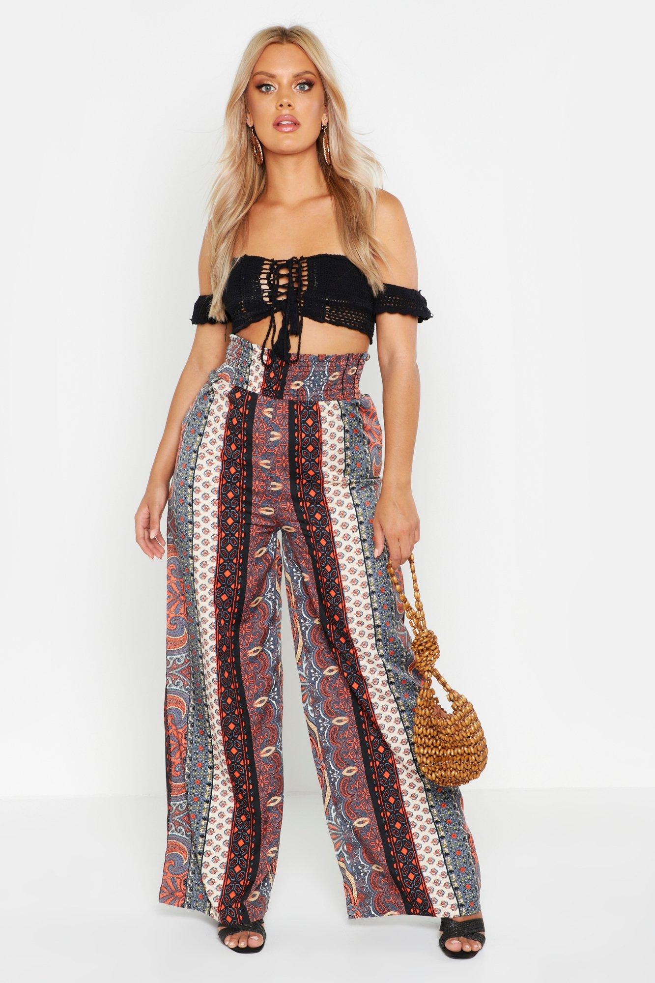 Plus Paisley Print Shirred Waist Wide Leg Trouser