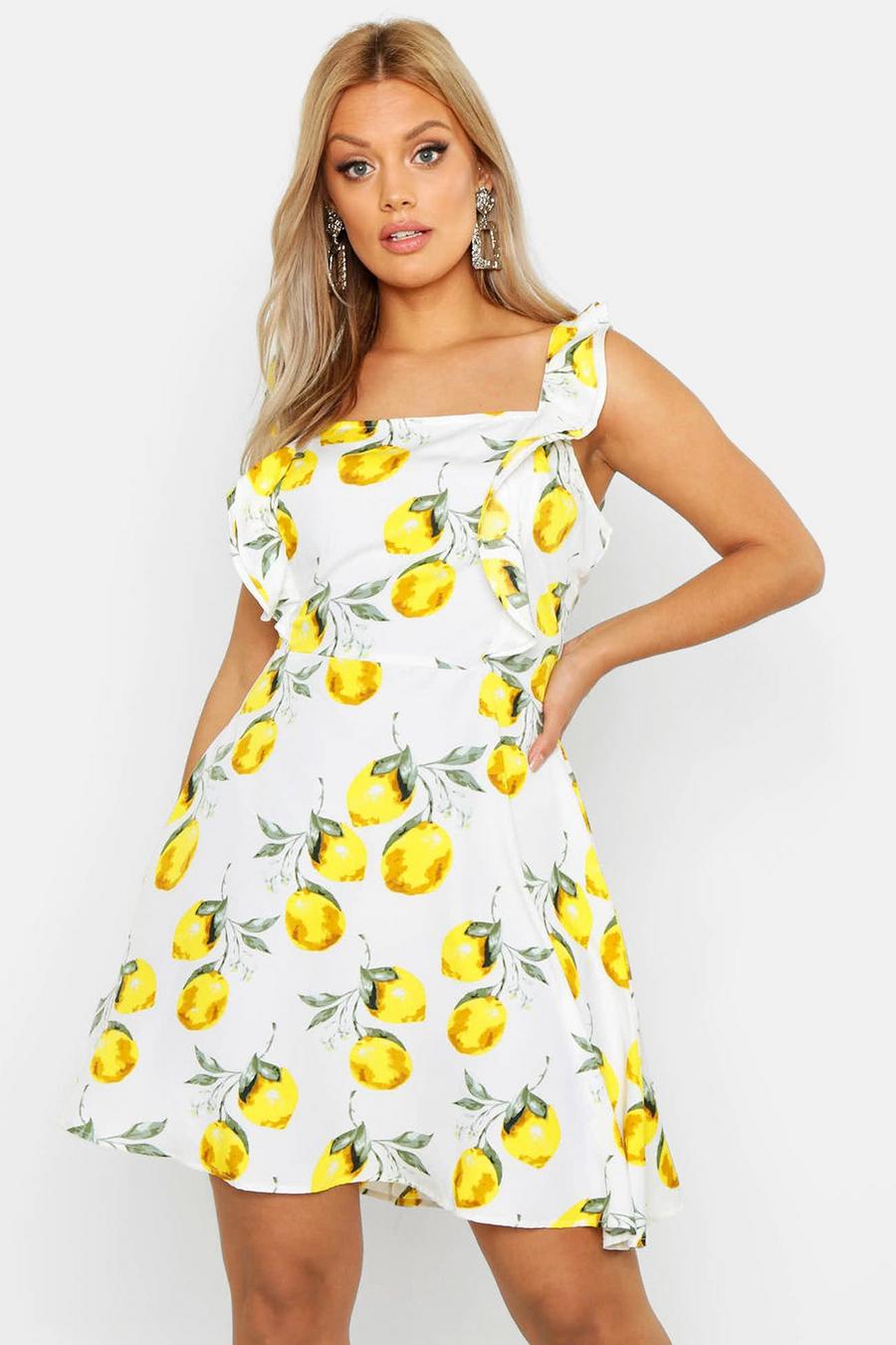 Plus Ruffle Shoulder Lemon Print Skater Dress, Ivory image number 1