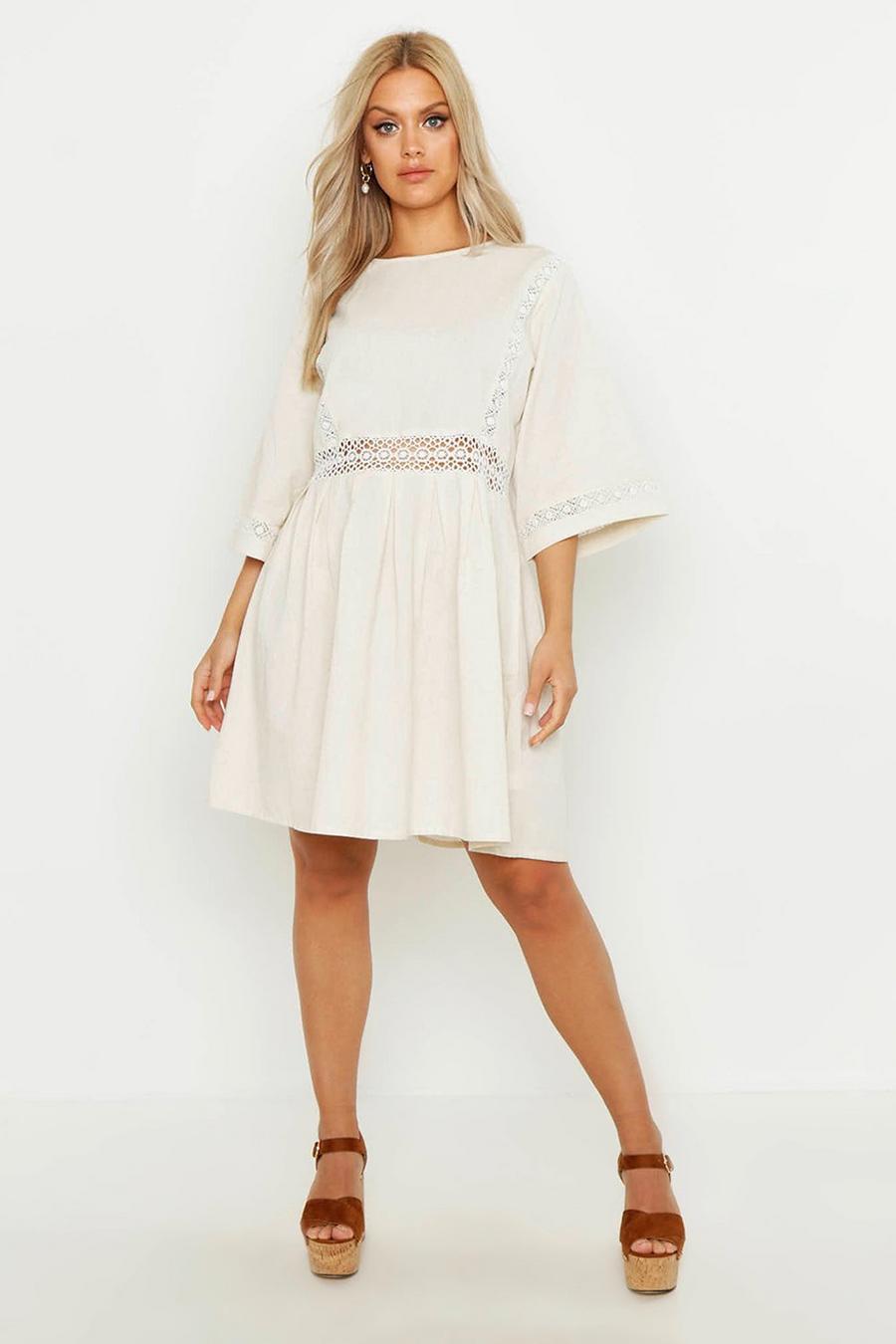 Ivory Plus Crochet Lace Linen Smock Dress