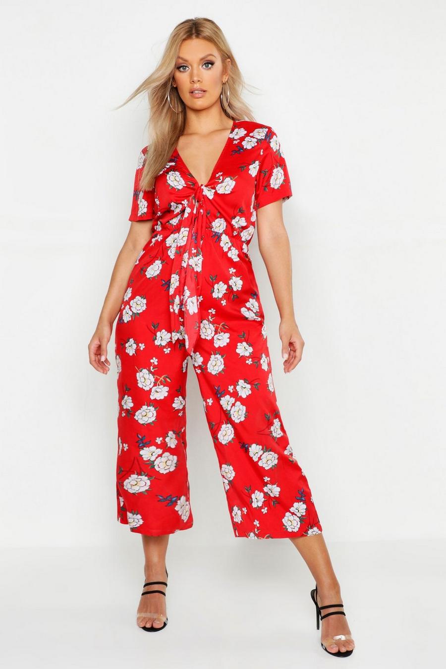 Red Plus Floral Print Knot Front Culotte Jumpsuit image number 1