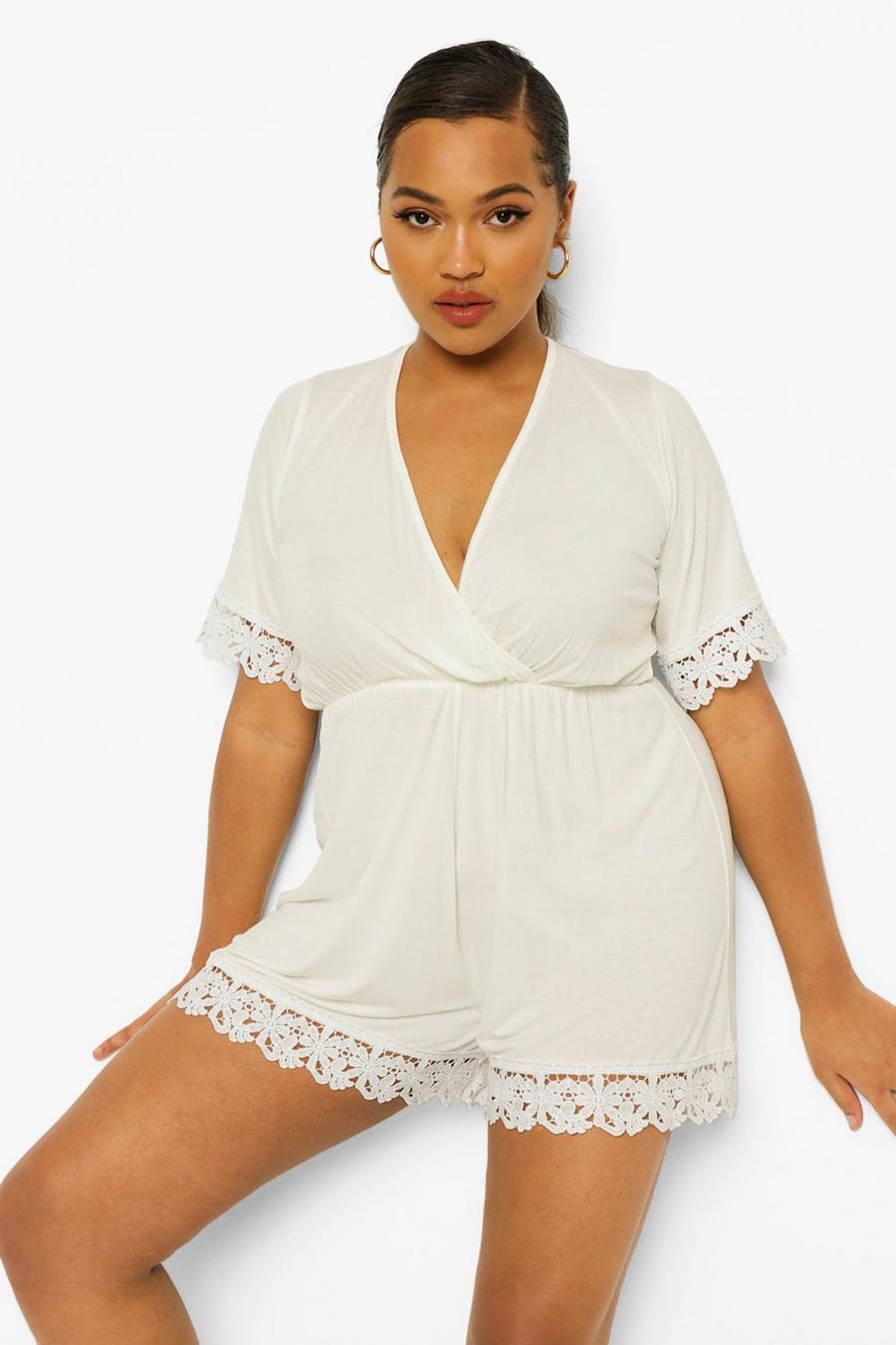 White Plus Crochet Trim Wrap Over Playsuit image number 1