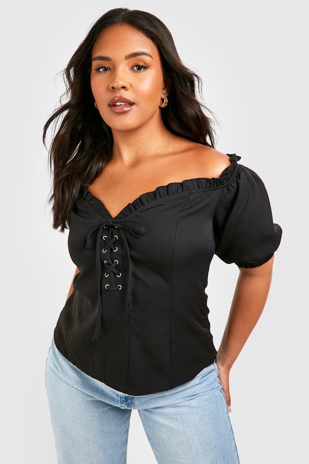 Vi ses i morgen Hæl luge Plus Lace Up Sweetheart Neckline Off Shoulder Top | boohoo