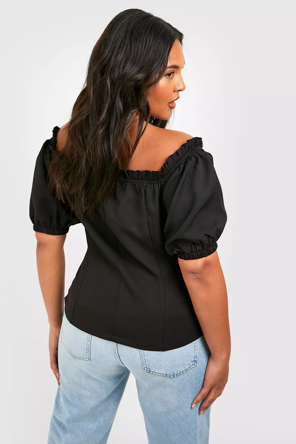 Off the shoulder shirt with black lace bra & jet black pants