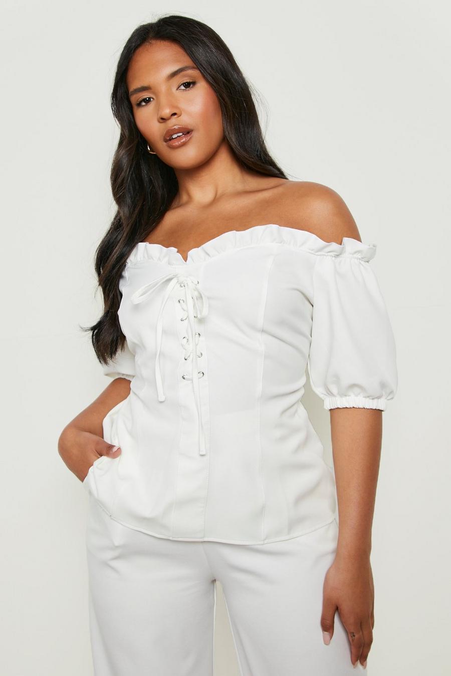 White Plus Lace Up Sweetheart Neckline Off Shoulder Top image number 1