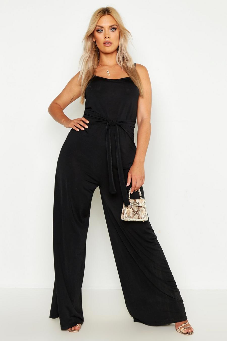 Plus Tie Front Strappy Wide Leg Slinky Jumpsuit image number 1
