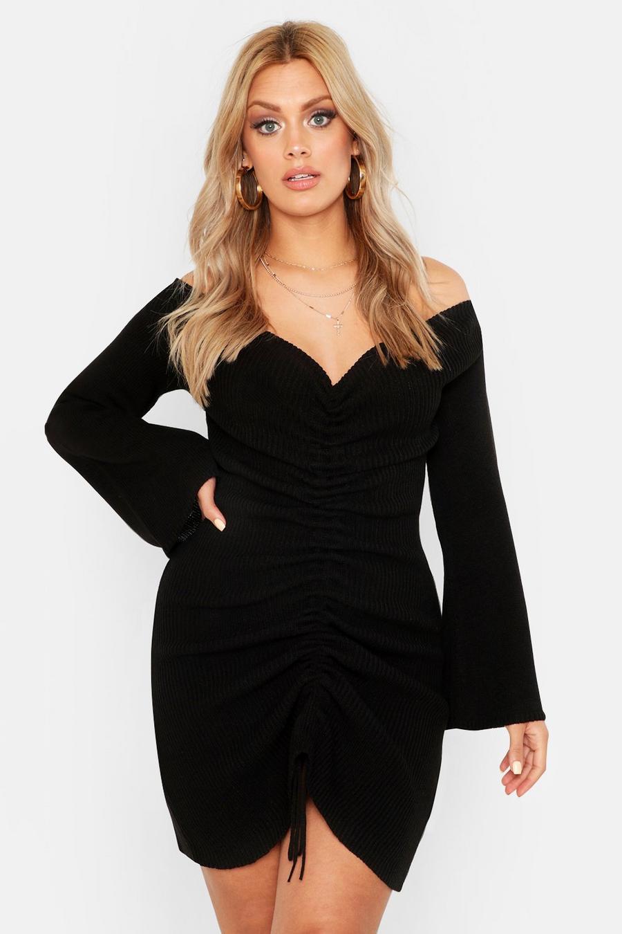 Plus Ruched Bardot Knitted Dress, Black image number 1