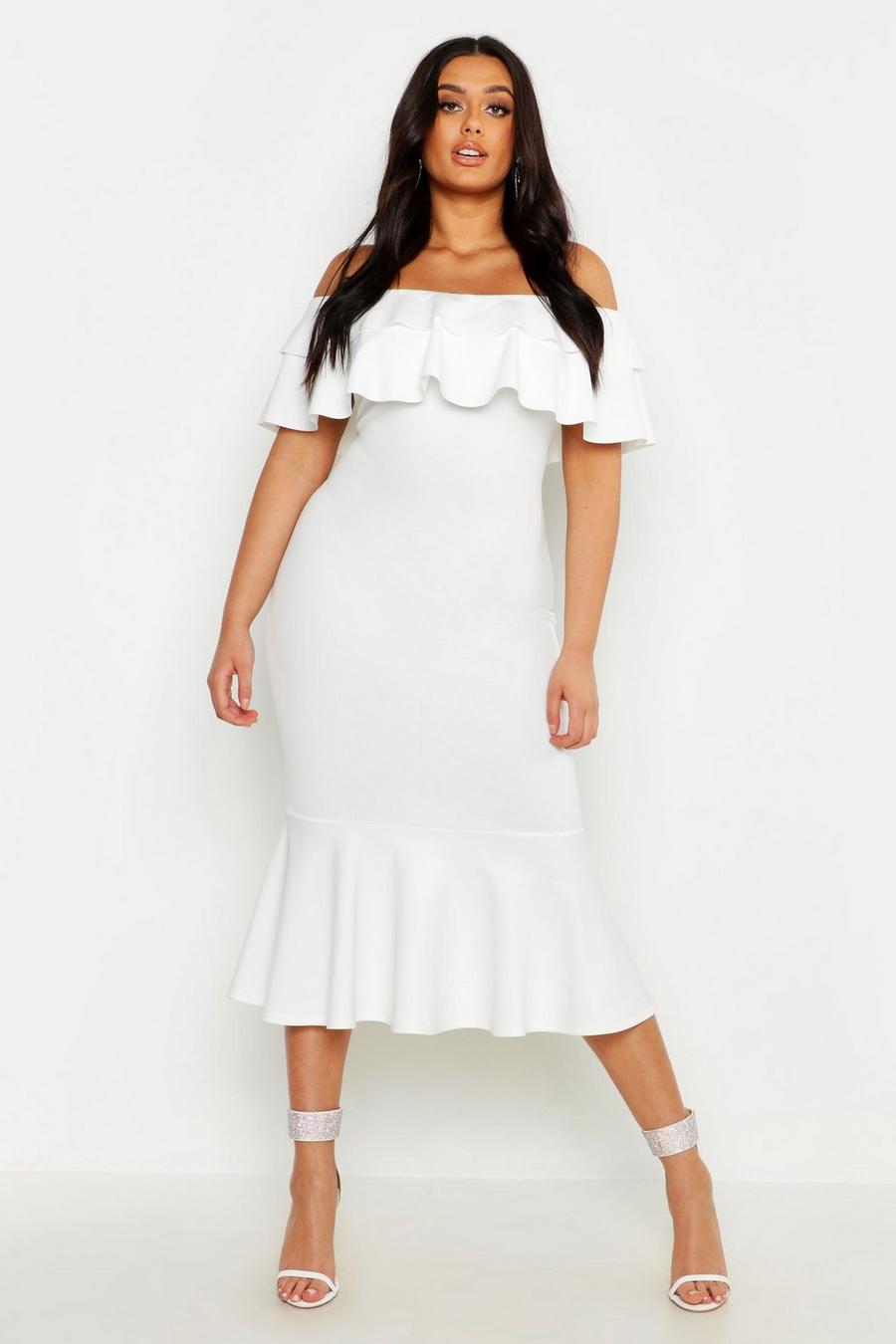 Vestito midi Plus Size con arricciature e fondo a sirena, Bianco image number 1