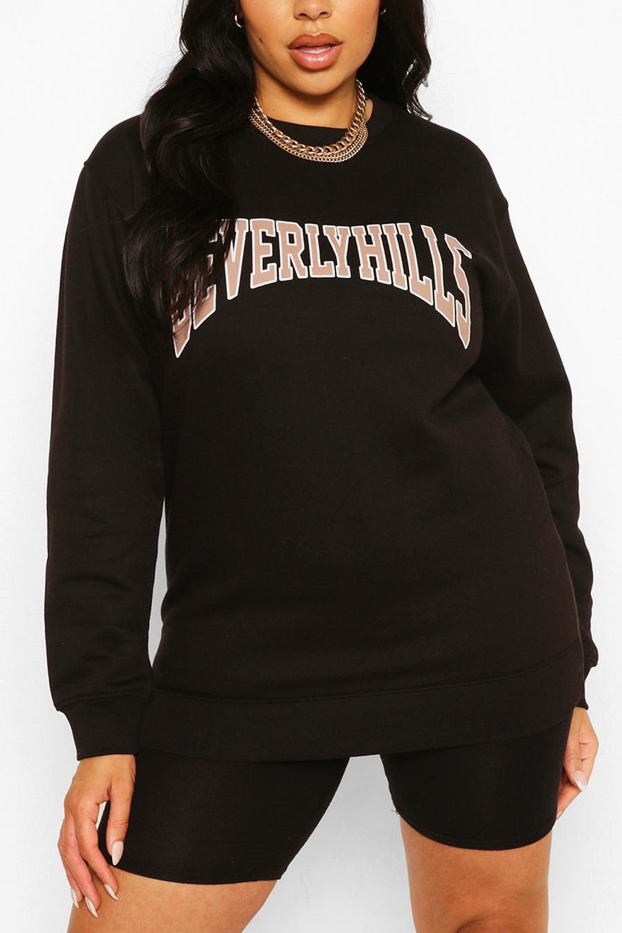 Plus Sweatshirt mit Beverly Hills Slogan, Schwarz image number 1