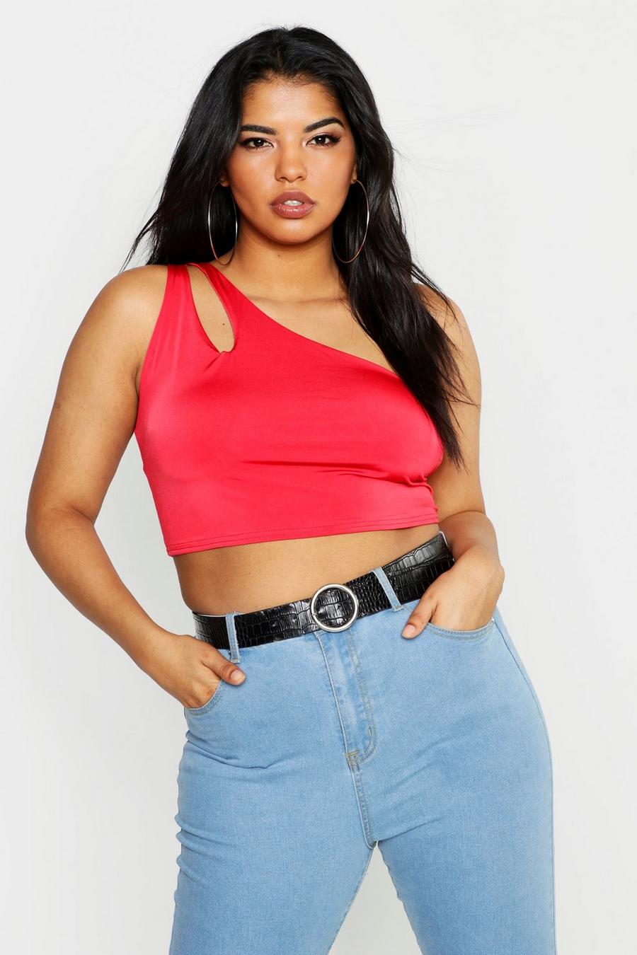 Red Plus Asymmetric Premium Slinky Cut Out Crop Top image number 1