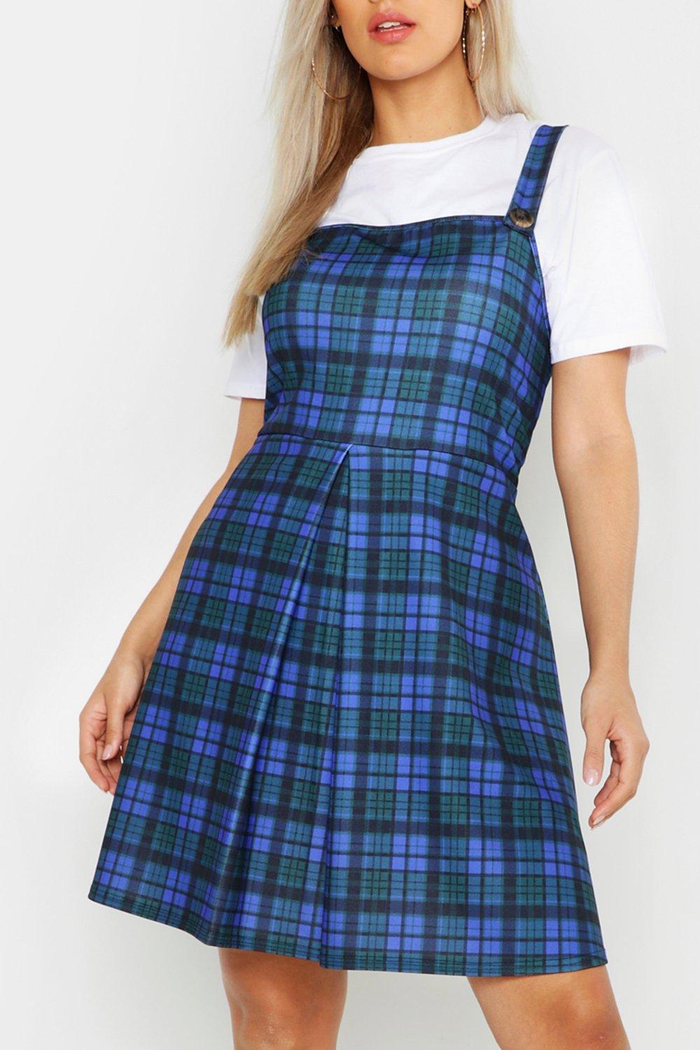 blue check pinafore dress