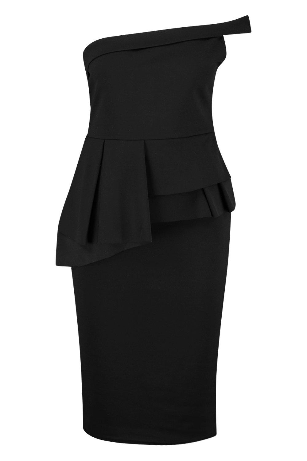 Plus One Shoulder Bandeau Peplum Pencil Midi Dress