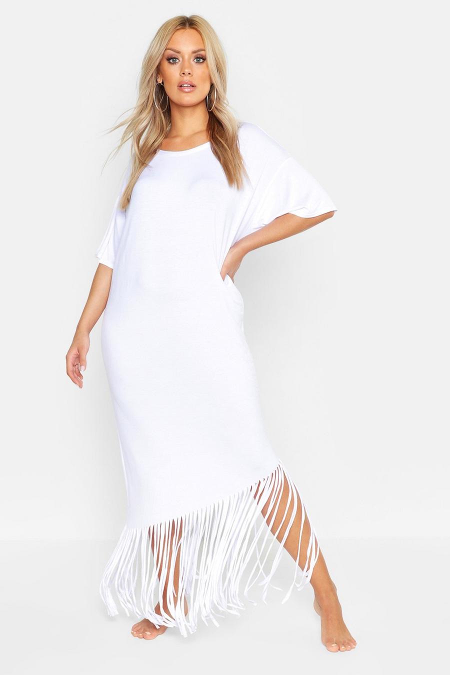 לבן שמלת חוף מקסי עם פרנזים למידות גדולות image number 1