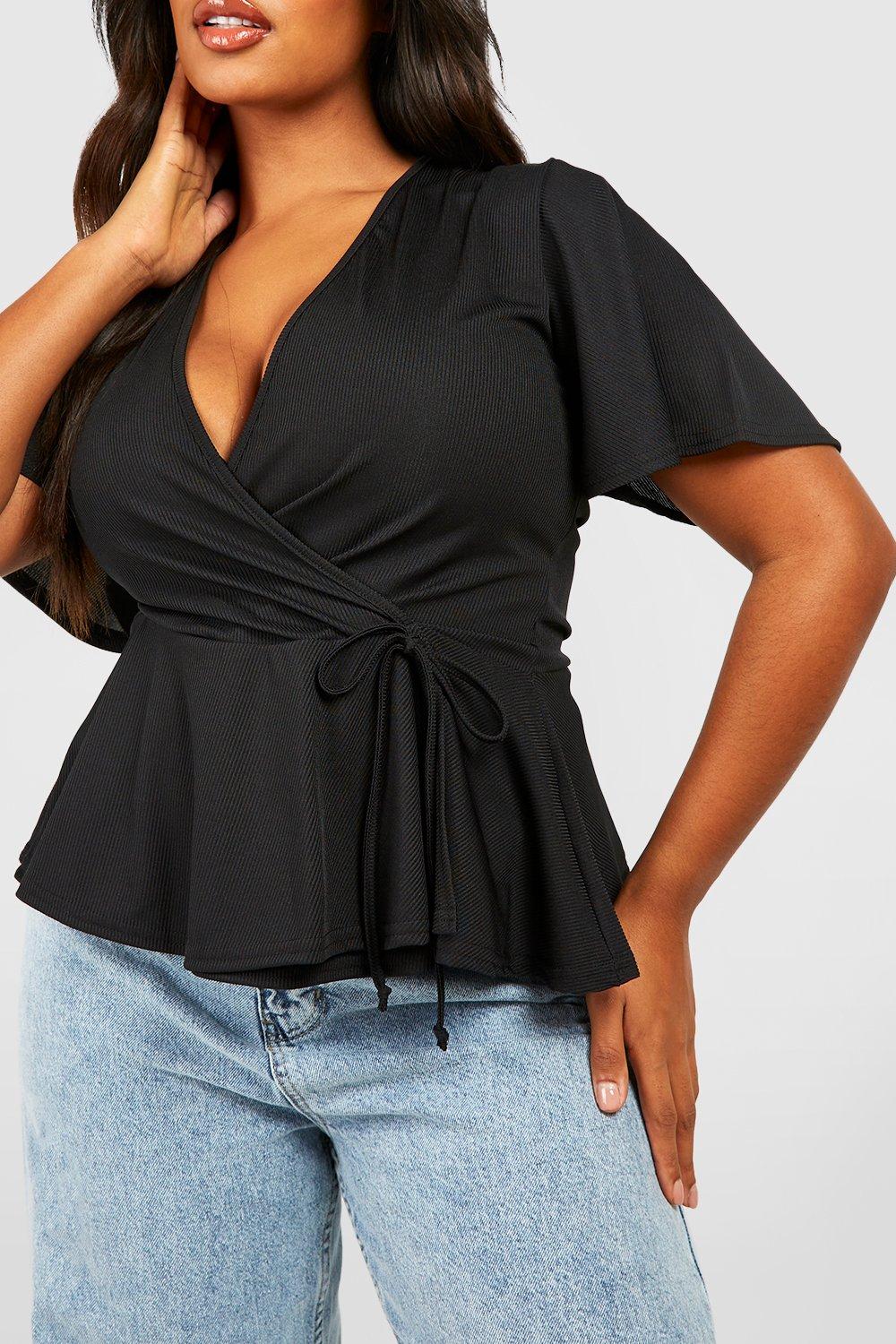 Plus Rib Wrap Cap Sleeve Peplum Top | boohoo