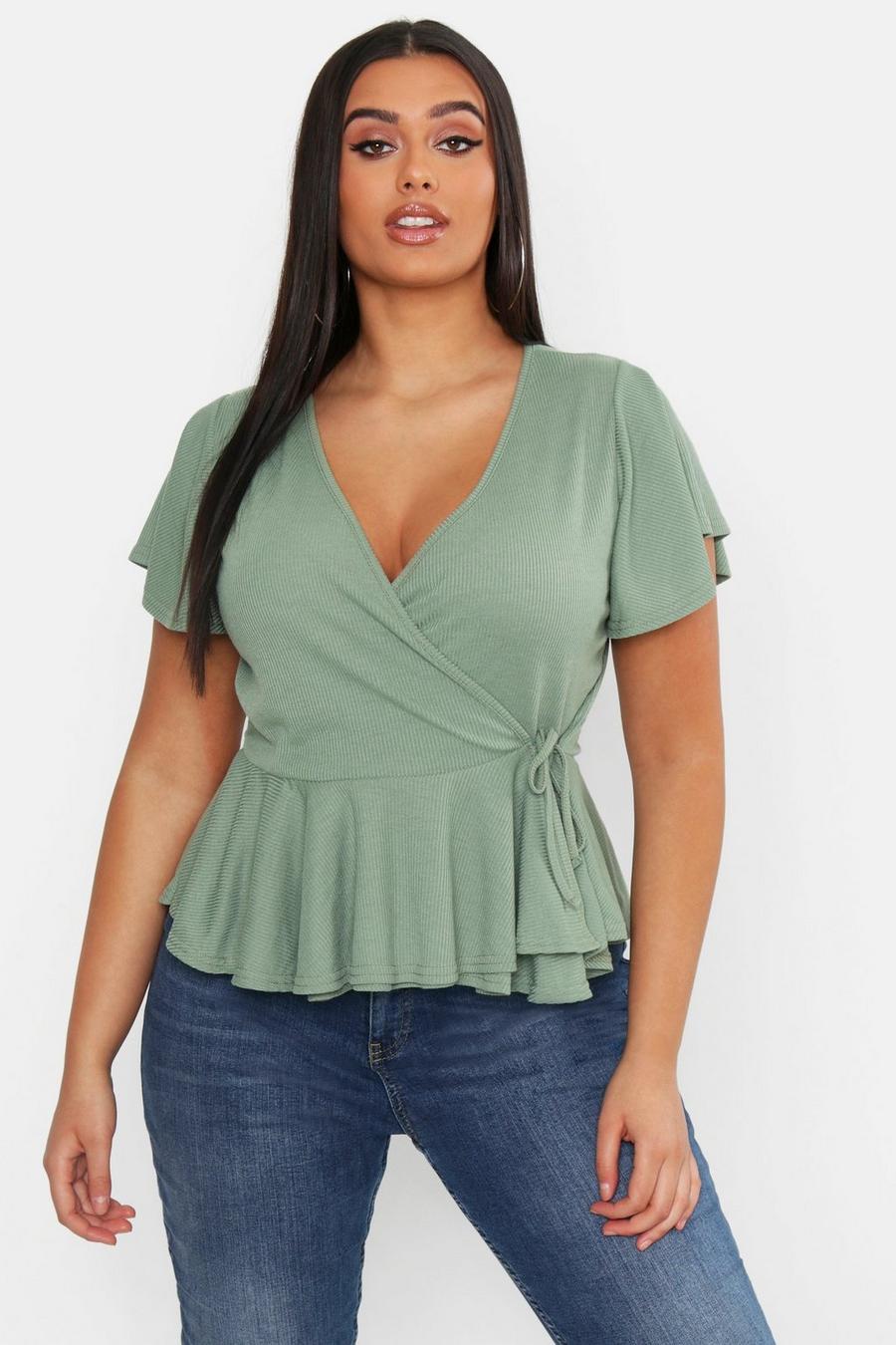 Sage Plus Rib Wrap Cap Sleeve Peplum Top image number 1