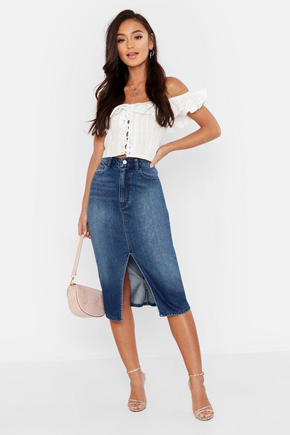 blue denim midi skirt