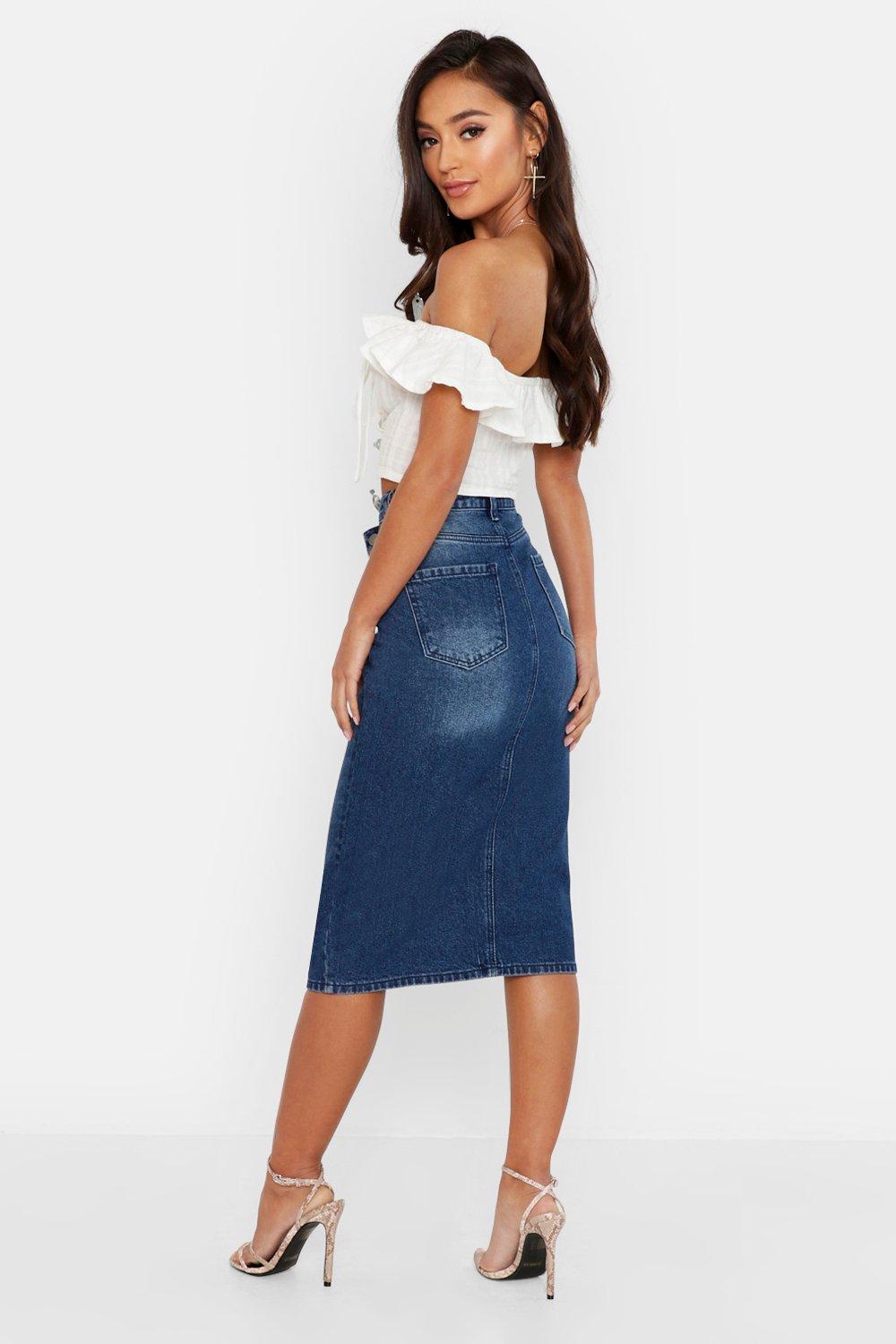 petite denim midi skirt