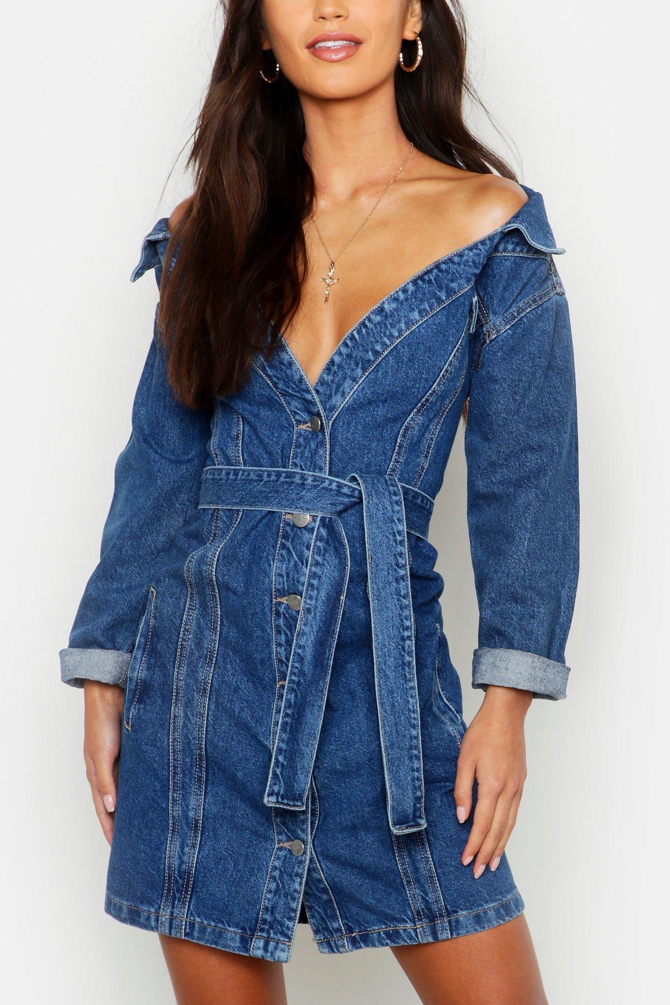 Boohoo off the 2025 shoulder denim dress