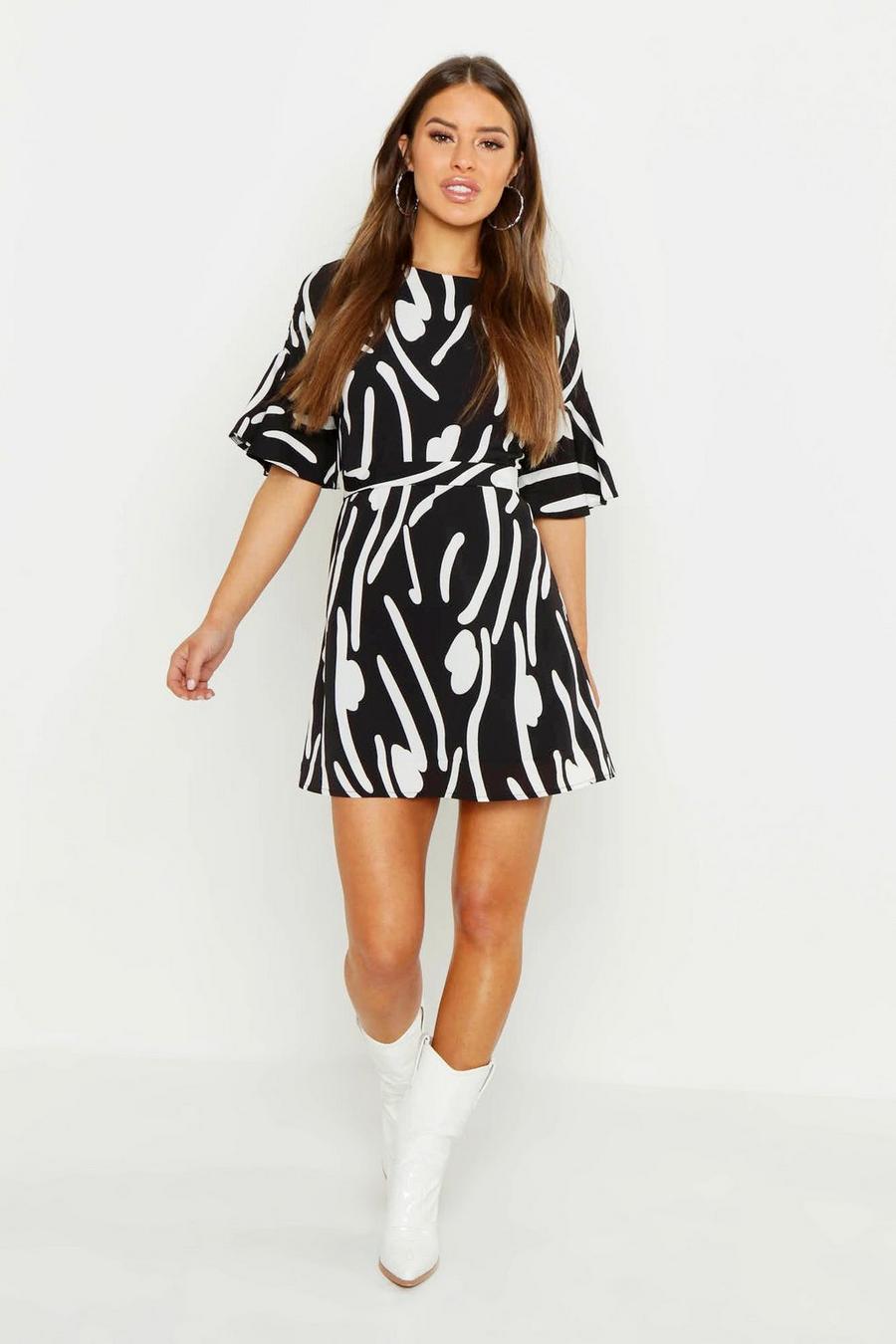 Petite Abstract Animal Frill Sleeve Tie Shift Dress image number 1