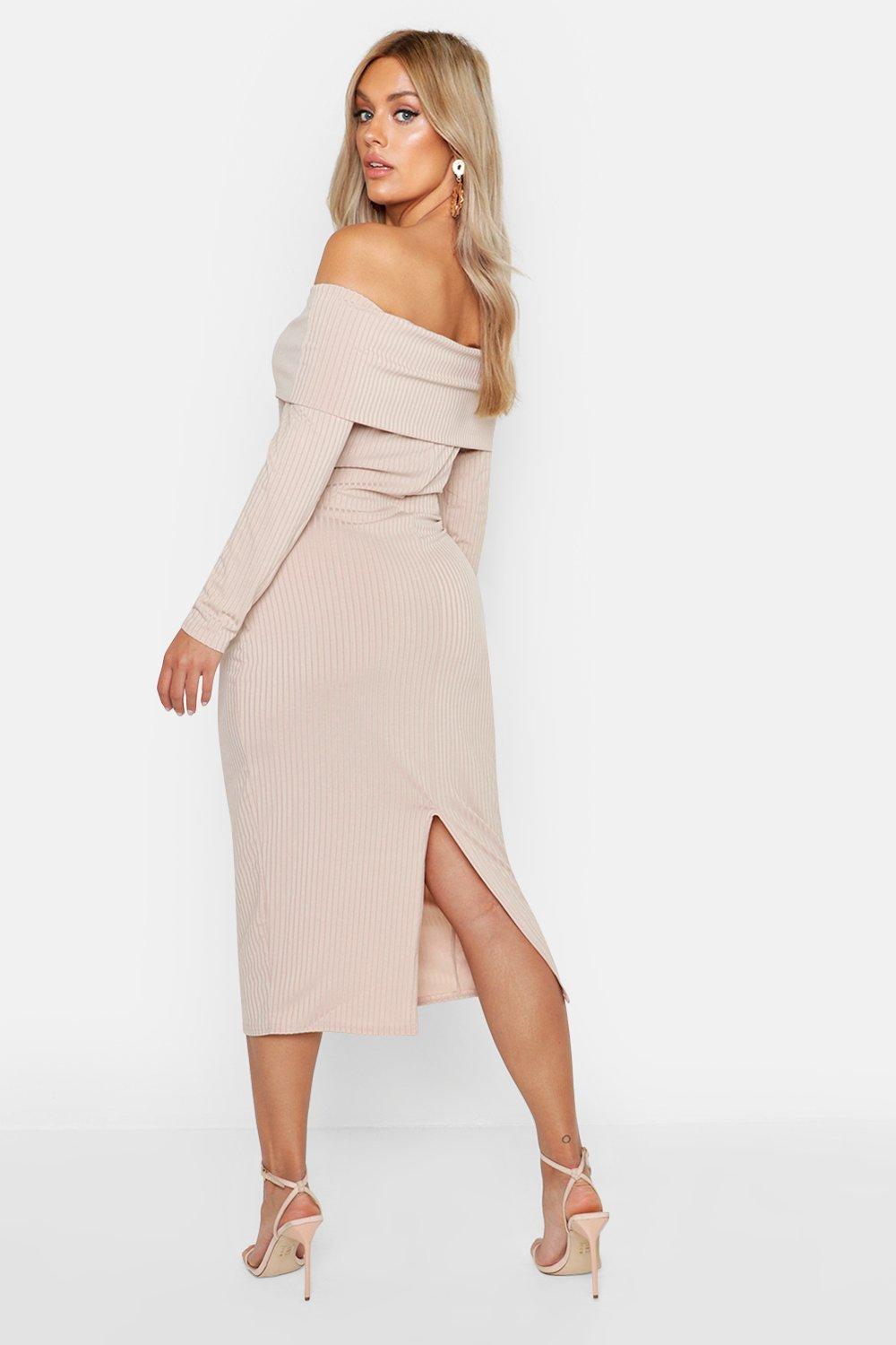 ribbed bardot midi dress