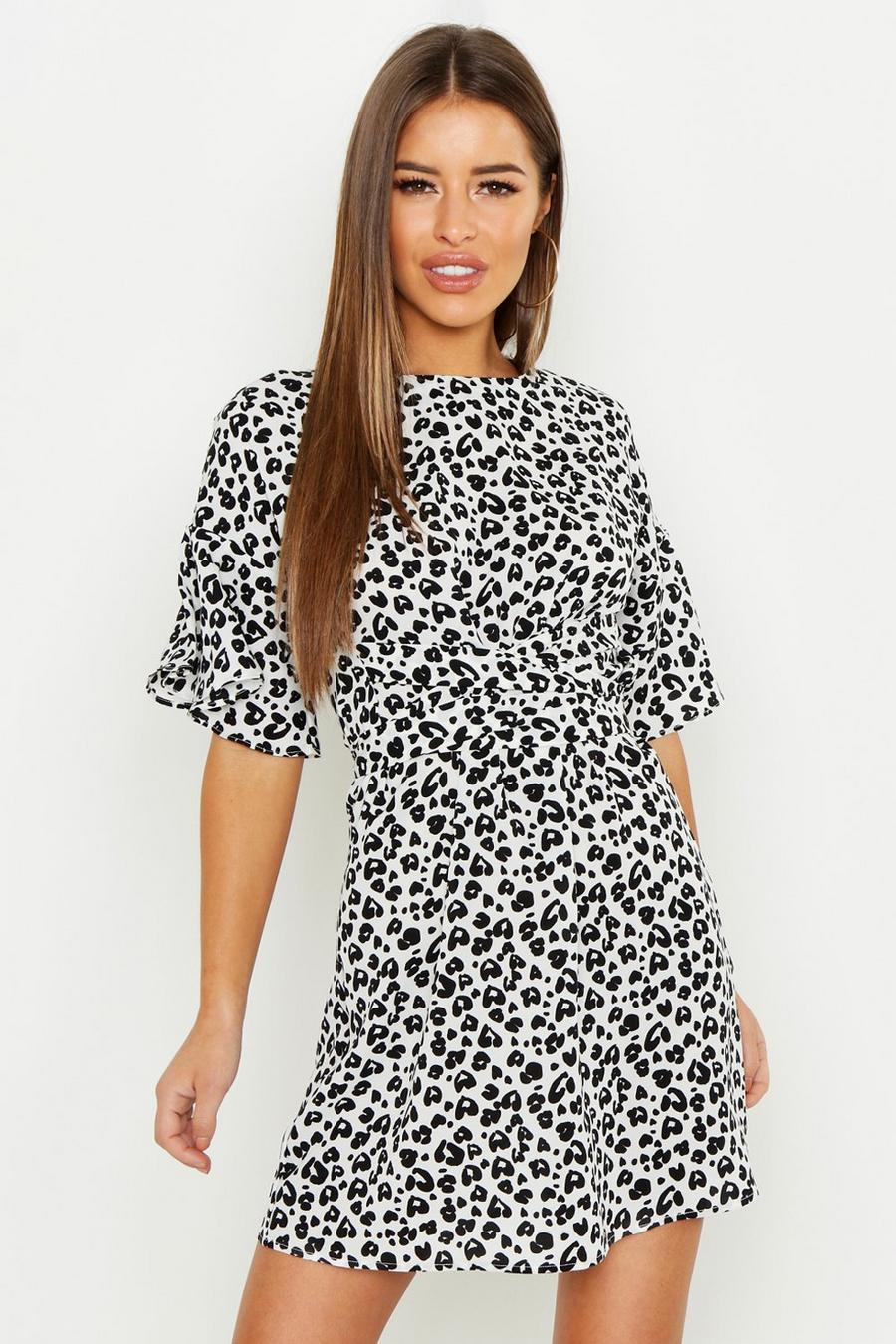 White Petite Mono Leopard Frill Sleeve Tie Shift Dress image number 1