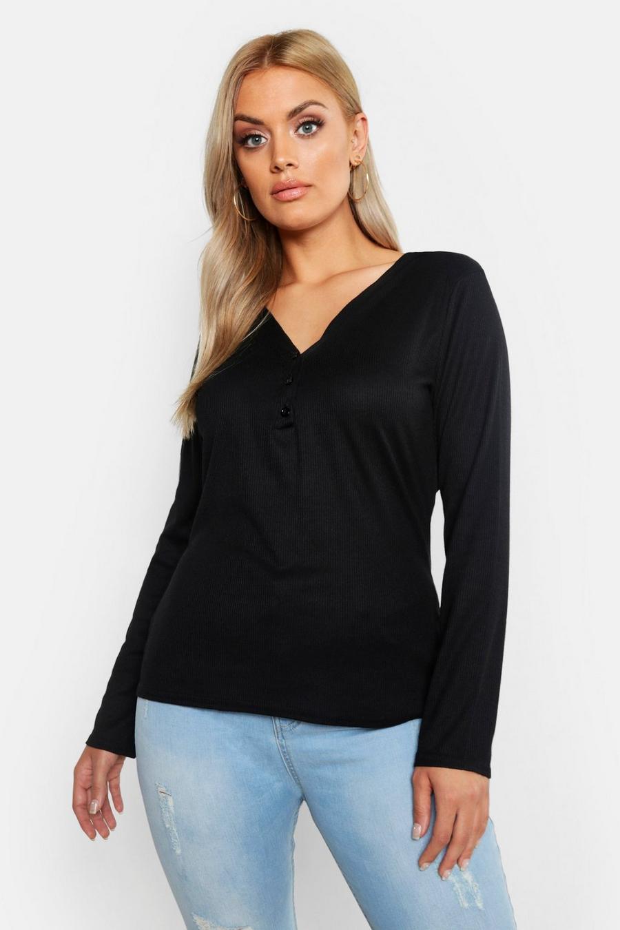 Plus Basic Rib Long Sleeve Button Top image number 1